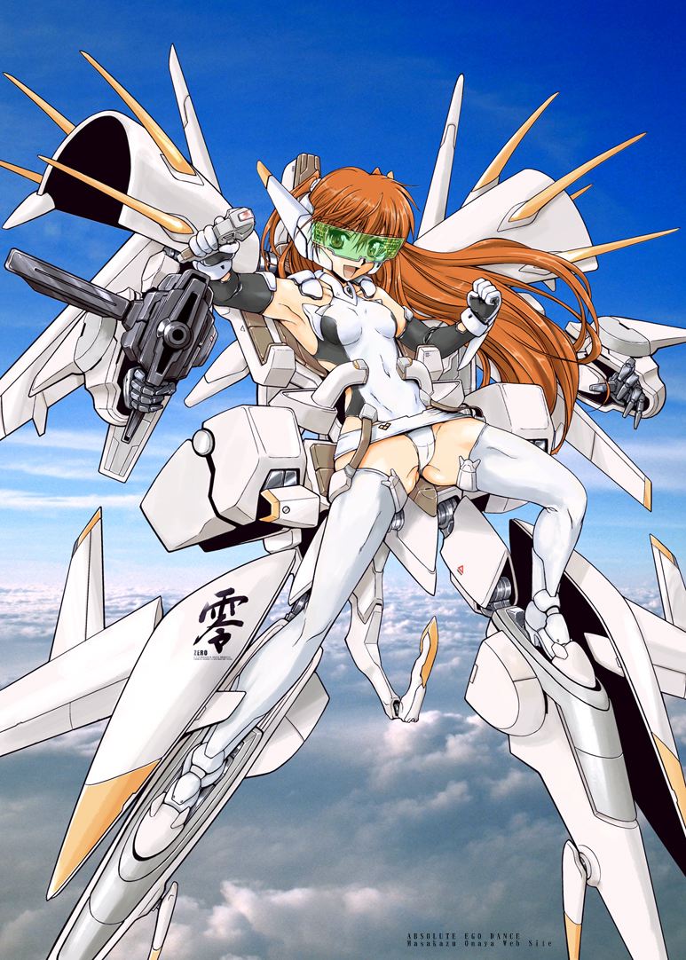 onaya masakazu, original, visor, brown hair, cameltoe, cloud, day, elbow gloves, gloves, gun, happy, head-mounted display, leotard, long hair, mecha musume, robot ears, sky, solo, thighhighs, weapon