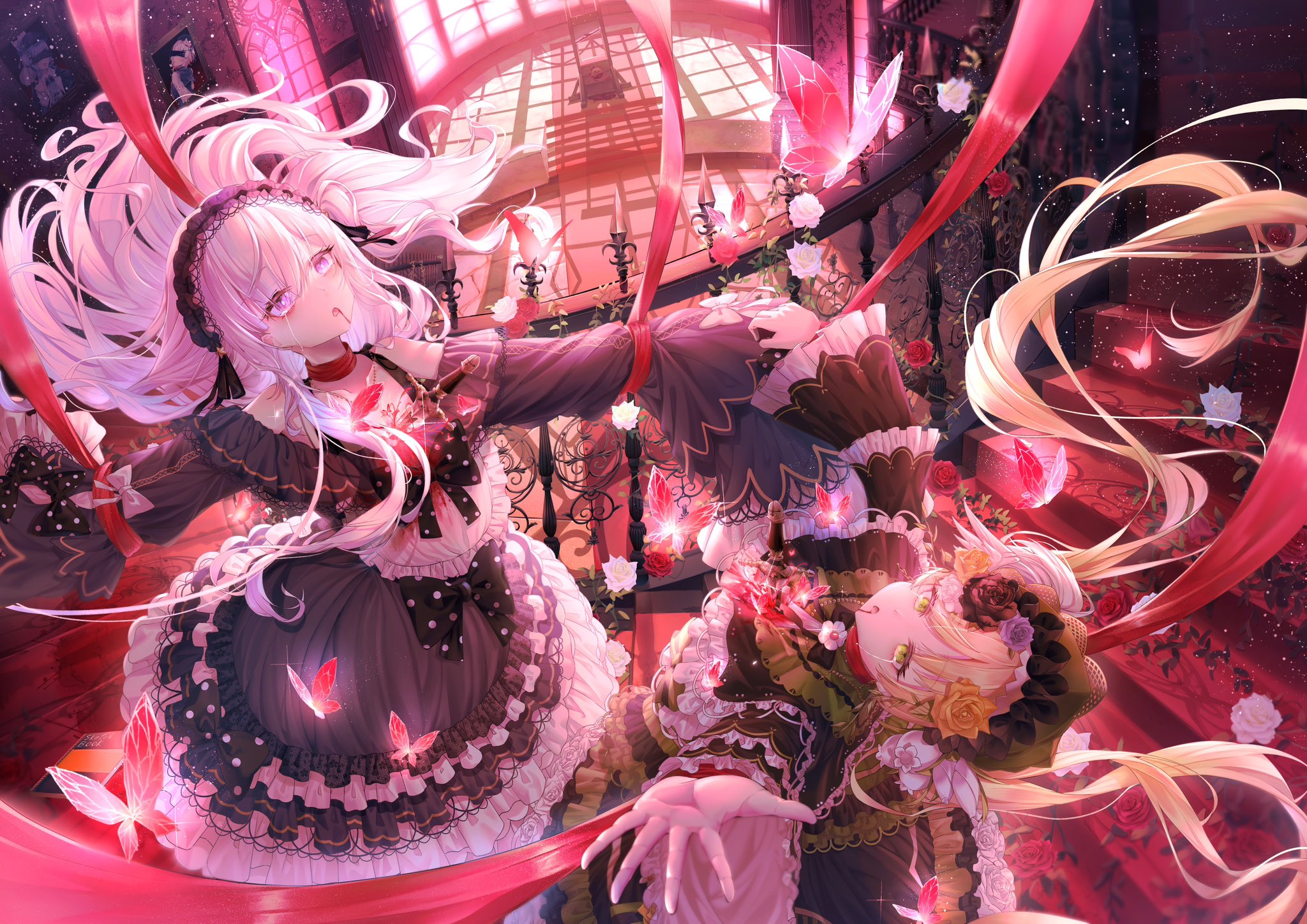 ryuusei gunsou, original, highres, 2girls, black dress, black flower, black rose, blonde hair, blood, blood from mouth, blood on clothes, bug, butterfly, dress, flower, frilled dress, frills, gothic lolita, green eyes, hairband, indoors, insect, lolita fashion, lolita hairband, long hair, long sleeves, multiple girls, polka dot, purple eyes, railing, red flower, red ribbon, red rose, ribbon, rose, stairs, white flower, white hair, white rose, yellow flower, yellow rose