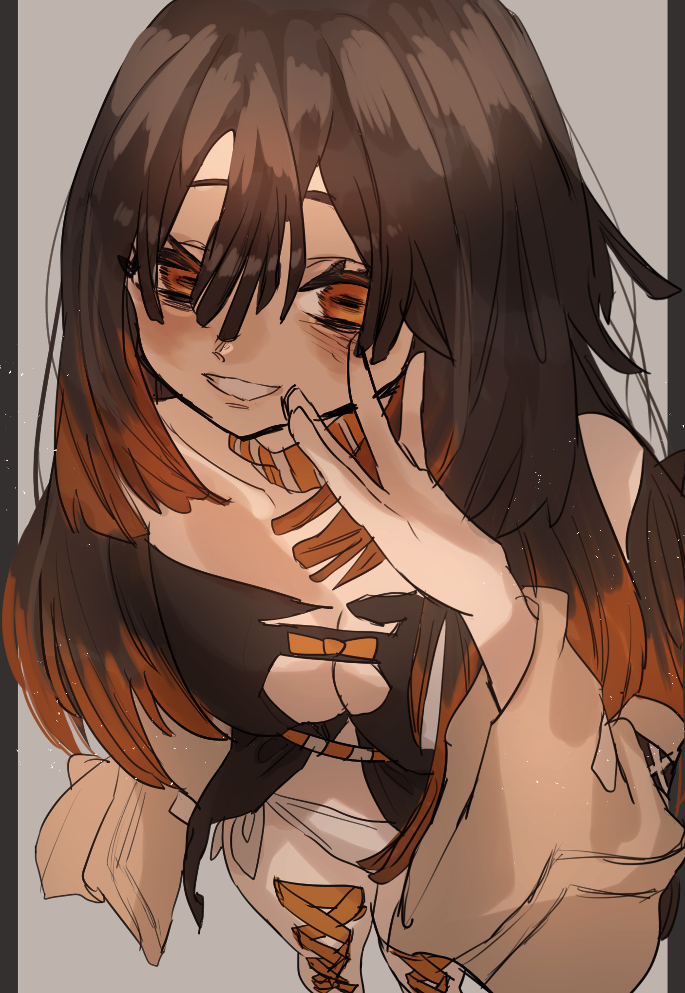godouyu (neisukun), gachiakuta, highres, 1girl, amo empool, breasts, brown hair, cleavage, corset piercing, foreshortening, from above, hair between eyes, long hair, looking at viewer, orange eyes, orange hair, orange ribbon, panties, ribbon, solo, underwear, white panties