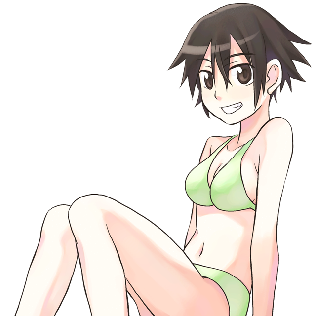 itami sumihito, original, 1girl, :d, bikini, black background, breasts, brown eyes, brown hair, cleavage, collarbone, female focus, green bikini, grin, knees up, looking at viewer, navel, open mouth, simple background, smile, solo, stomach, swimsuit, teeth, transparent background