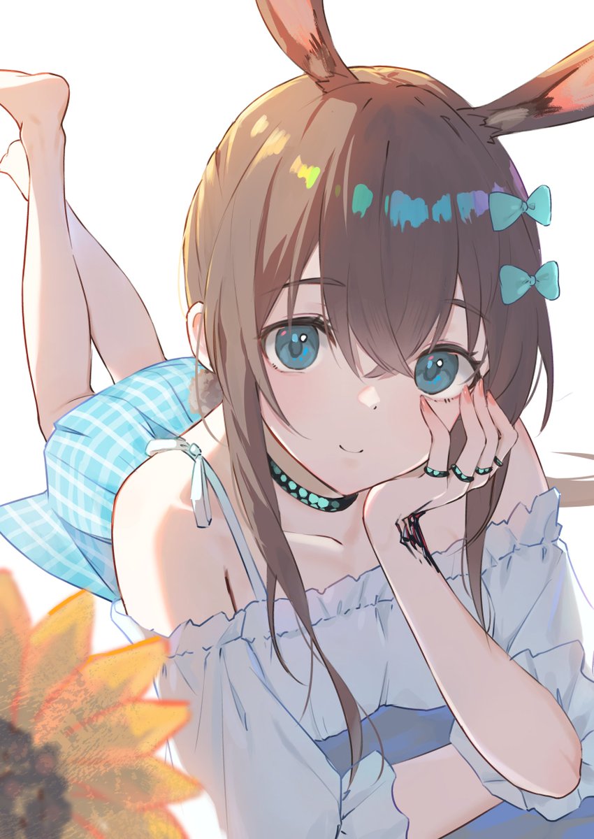 18 yen coin, amiya (arknights), infection monitor (arknights), arknights, commentary, highres, 1girl, animal ear fluff, animal ears, aqua bow, aqua eyes, bare shoulders, barefoot, blue skirt, blurry, blurry foreground, bow, breasts, brown hair, closed mouth, collarbone, dot nose, elbow rest, feet up, flower, foot out of frame, frilled shirt, frills, hair between eyes, hair bow, head rest, invisible floor, jewelry, long hair, long sidelocks, looking at viewer, lying, material growth, necklace, no shoes, off-shoulder shirt, off shoulder, official alternate costume, on stomach, oripathy lesion (arknights), pink nails, plaid clothes, plaid skirt, rabbit ears, rabbit girl, shirt, sidelocks, simple background, skirt, smile, solo, spaghetti strap, sunflower, very long hair, white background, white shirt
