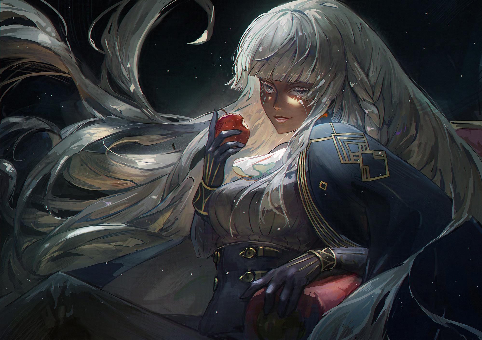 tim kong, brigitta (metaphor: refantazio), metaphor: refantazio, commentary, english commentary, highres, 1girl, apple, black gloves, braid, dark-skinned female, dark skin, facial mark, floating hair, food, fruit, gloves, grey eyes, grey hair, holding, holding food, holding fruit, lips, long hair, long sleeves, looking at viewer, parted lips, pink lips, smile, very long hair, white hair
