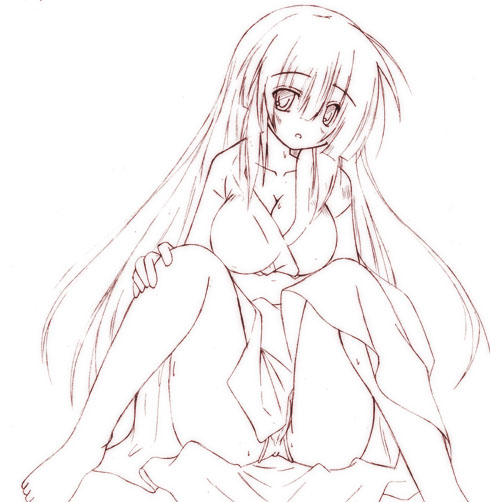 minazuki maya, houraisan kaguya, touhou, 1girl, :o, barefoot, blunt bangs, breasts, cleavage, collarbone, female focus, greyscale, hair over eyes, head tilt, large breasts, looking at viewer, monochrome, nightgown, no pants, panties, sitting, sketch, solo, spread legs, underwear, upskirt