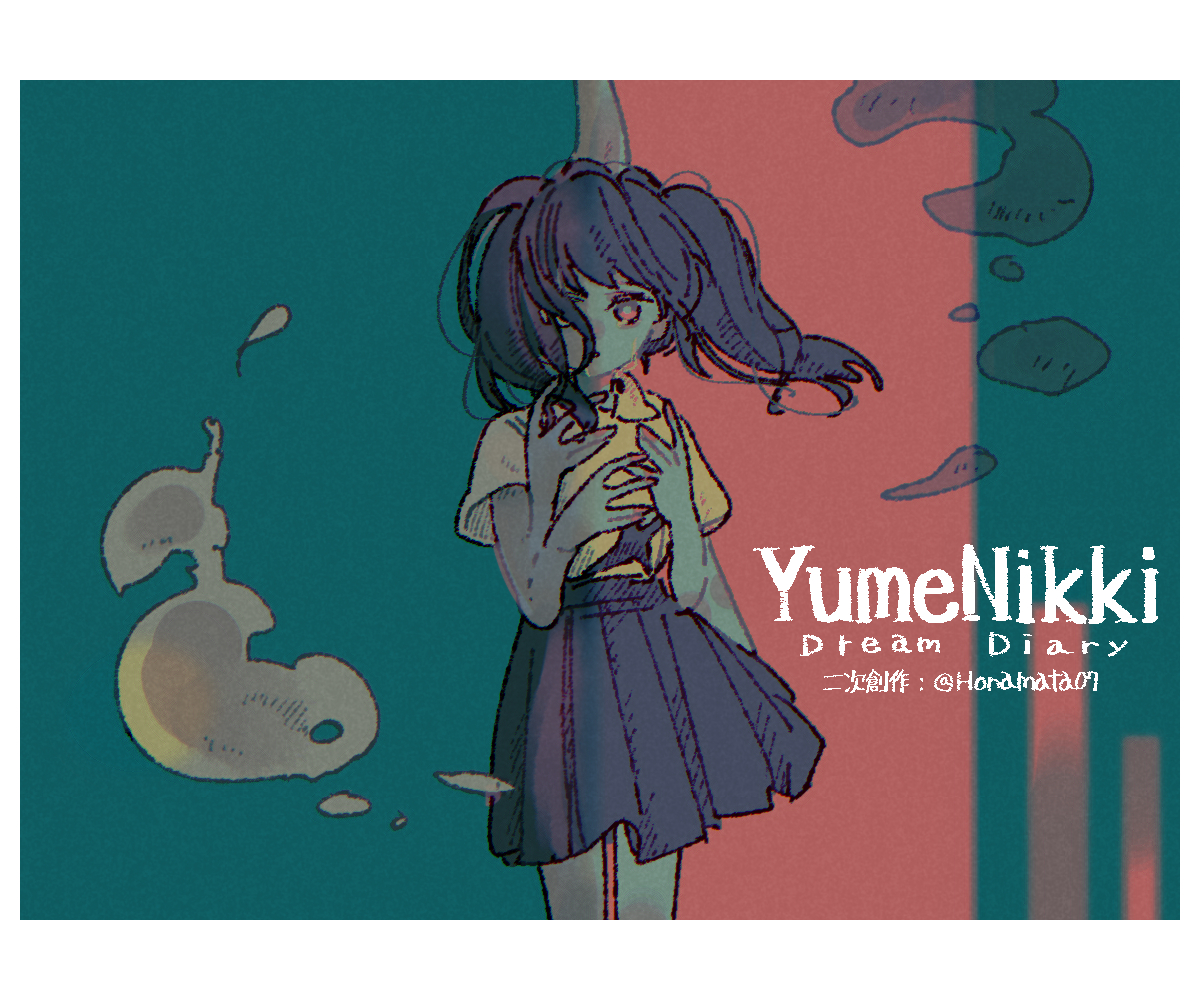 tamanoha (cookware), monoko, yume nikki, yume nikki dream diary, commentary request, 1girl, black hair, black skirt, border, bubble, collared shirt, copyright name, extra arms, green background, looking at viewer, pleated skirt, red background, red eyes, shirt, short hair, short sleeves, skirt, solo, surprised, twintails, twitter username, two-tone background, watermark, white shirt