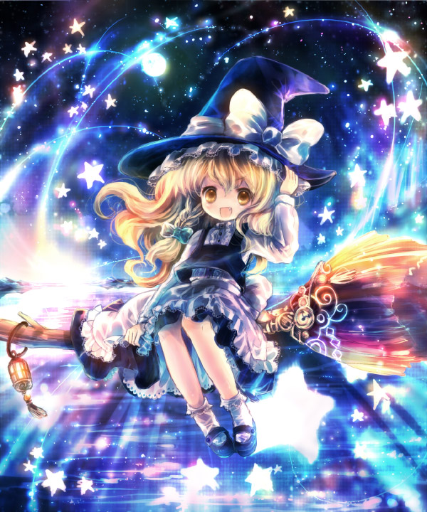 onineko, kirisame marisa, touhou, 1girl, blonde hair, broom, broom riding, female focus, hat, light particles, sidesaddle, sky, solo, star (symbol), witch hat