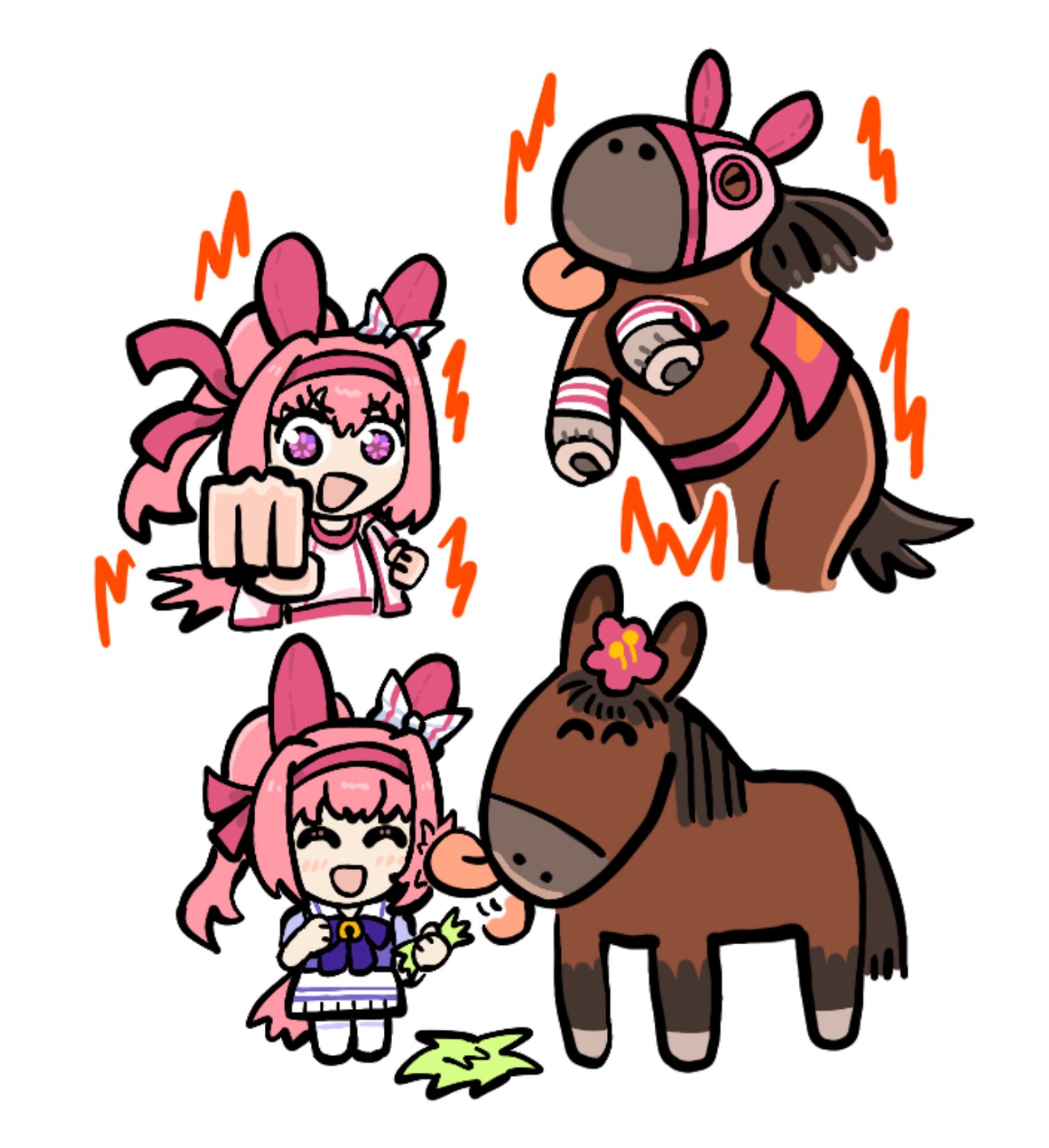 haru urara (racehorse), haru urara (umamusume), real life, umamusume, highres, 1girl, animal ears, blush, bow, brown horse, closed eyes, closed mouth, creature and personification, ear bow, ear covers, eating, flower, flower-shaped pupils, flower in eye, gloves, grass, hairband, haru urara (bestest prize) (umamusume), headband, horse, horse ears, horse girl, horse tail, jacket, long hair, mask, open mouth, personification, pikminpreggedup, pink eyes, pink hair, pink headband, ponytail, puffy short sleeves, puffy sleeves, purple bow, purple eyes, purple sailor collar, purple serafuku, purple shirt, purple skirt, red headband, ryegrass, saddle, sailor collar, sailor shirt, school uniform, serafuku, shirt, short sleeves, skirt, smile, symbol-shaped pupils, symbol in eye, tail, thighhighs, tongue, tongue out, tracen school uniform, white jacket, white sailor collar, white shirt, white skirt, white thighhighs