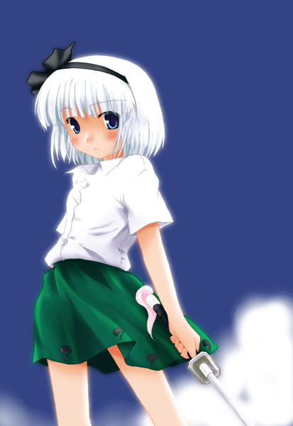 makkuroh (yoh-ku), konpaku youmu, touhou, eyebrows, 1girl, black hairband, blush, cloud, day, female focus, hair ribbon, hairband, katana, looking at viewer, ribbon, shirt, short sleeves, skirt, sky, solo, sword, weapon