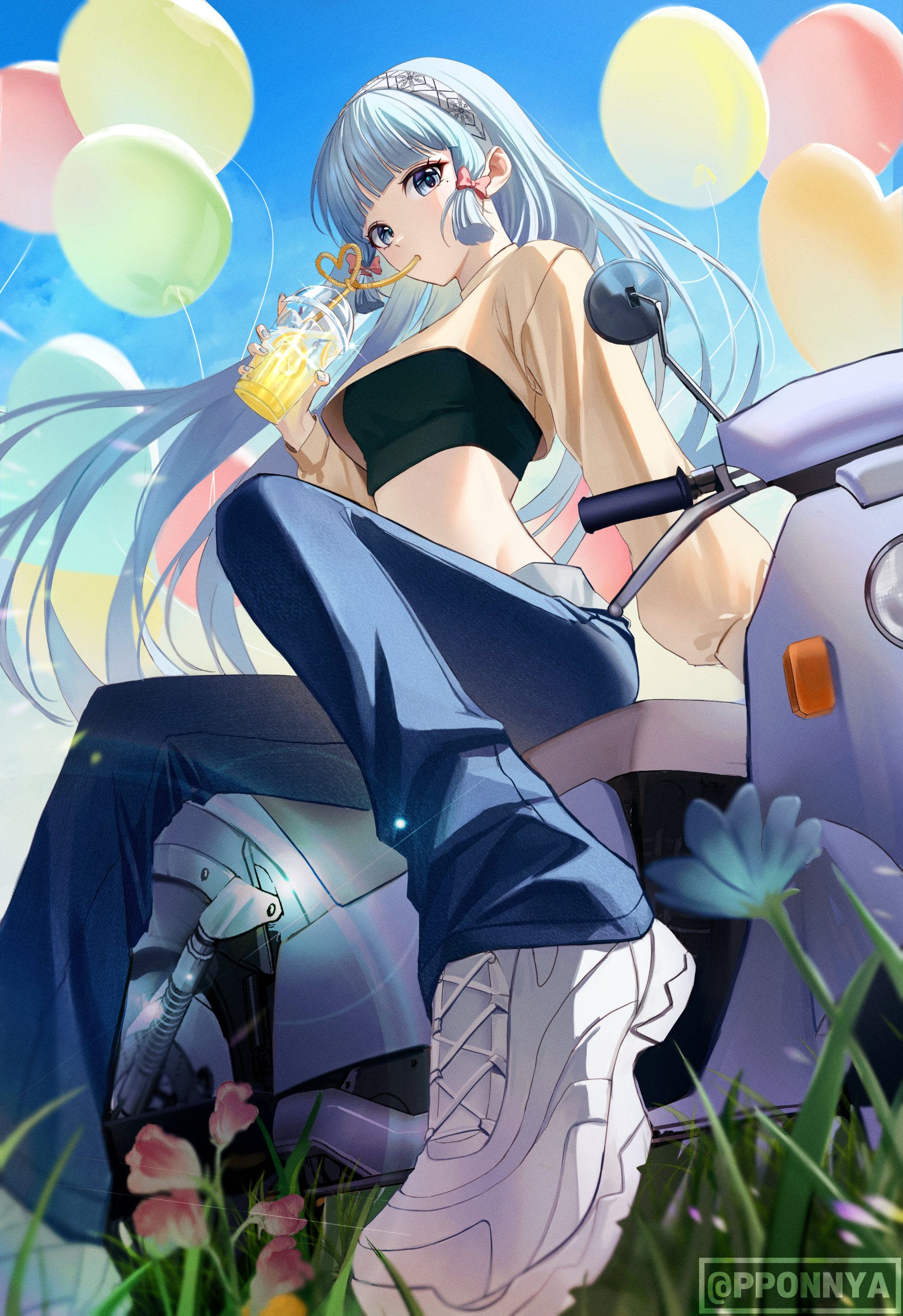 pponnya, ayaka (genshin impact), genshin impact, absurdres, commentary, highres, 1girl, alternate costume, alternate hairstyle, balloon, black shirt, blue eyes, blue hair, blue pants, bow, brown shirt, crop top, drinking, drinking straw, food, fruit, hair bow, hairband, lemon, long hair, long sleeves, looking at viewer, midriff, motor vehicle, motorcycle, pants, pink bow, shirt, shoes, sitting, solo, stomach, white shoes