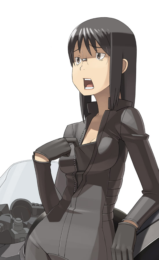 go robots, harakawa tamako, dennou coil, vehicle, 00s, 1girl, adjusting clothes, arm support, black gloves, black hair, brown eyes, female focus, glasses, gloves, long hair, motor vehicle, motorcycle, open mouth, rimless eyewear, simple background, skin tight, solo, teeth