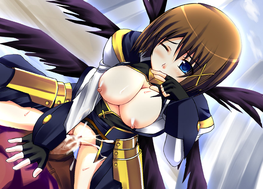 kuronezumi, yagami hayate, lyrical nanoha, mahou shoujo lyrical nanoha, mahou shoujo lyrical nanoha strikers, 00s, 1girl, blue eyes, blush, breasts, brown hair, censored, cleavage, cum, cum in pussy, hair ornament, large breasts, mosaic censoring, nipples, one eye closed, penis, sex, solo, straddling, vaginal, wink, x hair ornament