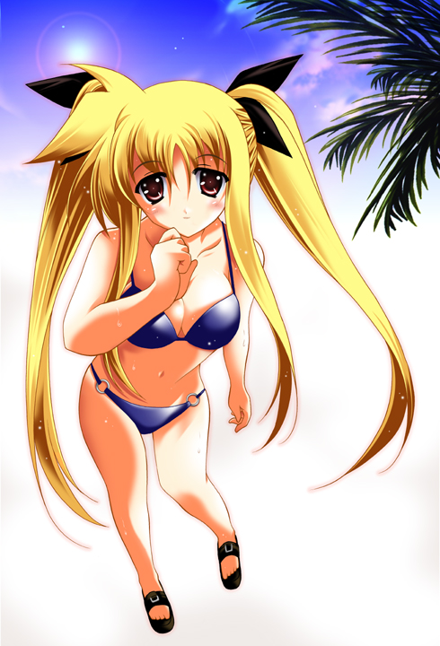 koide yutaka, fate testarossa, lyrical nanoha, mahou shoujo lyrical nanoha, mahou shoujo lyrical nanoha strikers, 00s, bikini, blonde hair, blue bikini, long hair, solo, swimsuit, very long hair