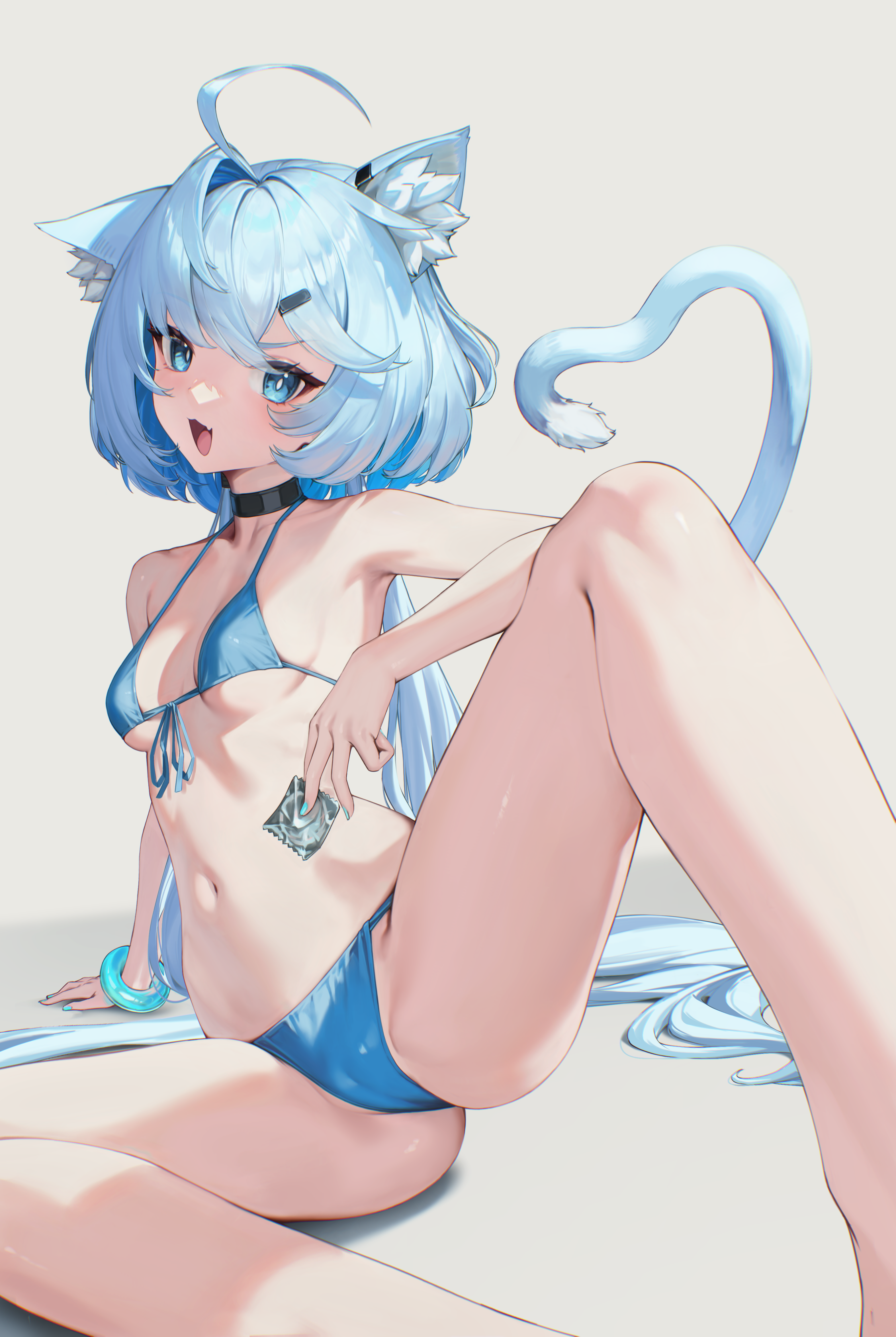 pjman, original, absurdres, commentary, highres, 1girl, ahoge, animal ear fluff, animal ears, armpits, ass, bare arms, bare legs, bare shoulders, between fingers, bikini, black choker, blue bikini, blue eyes, blue hair, breasts, bright pupils, cameltoe, cat ears, cat girl, cat tail, choker, condom, fang, feet out of frame, front-tie bikini top, front-tie top, halterneck, holding, holding condom, knee up, long hair, looking at viewer, low ponytail, navel, open mouth, ponytail, simple background, sitting, small breasts, smile, solo, stomach, string bikini, swimsuit, tail, thighs, v-shaped eyebrows, very long hair, white background