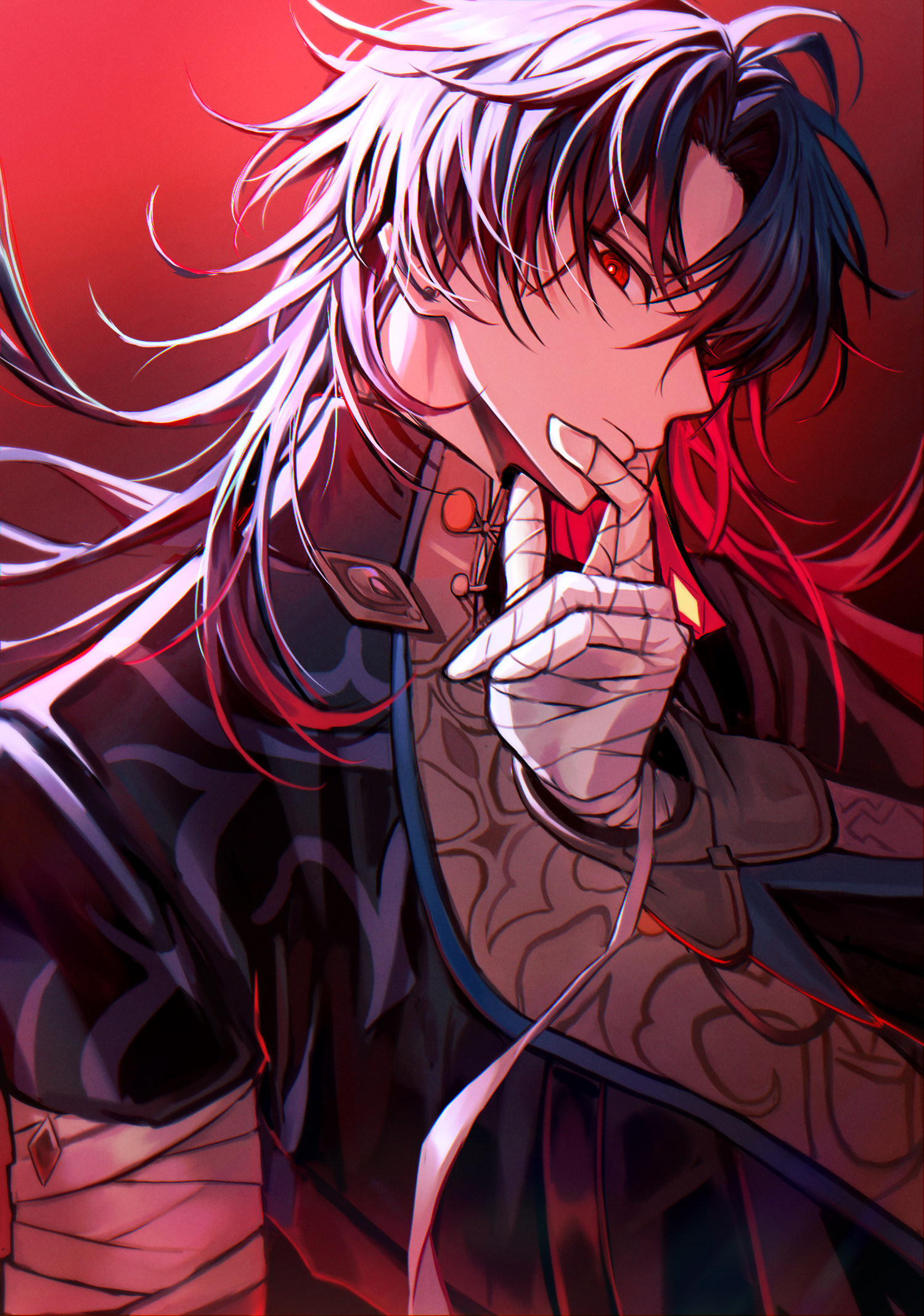 pponnya, blade (honkai: star rail), honkai: star rail, honkai (series), commentary, highres, 1boy, bandaged arm, bandages, black hair, black shirt, closed mouth, long hair, looking at viewer, male focus, multicolored hair, parted bangs, red background, red eyes, red hair, shirt, short sleeves, solo, two-tone hair, upper body