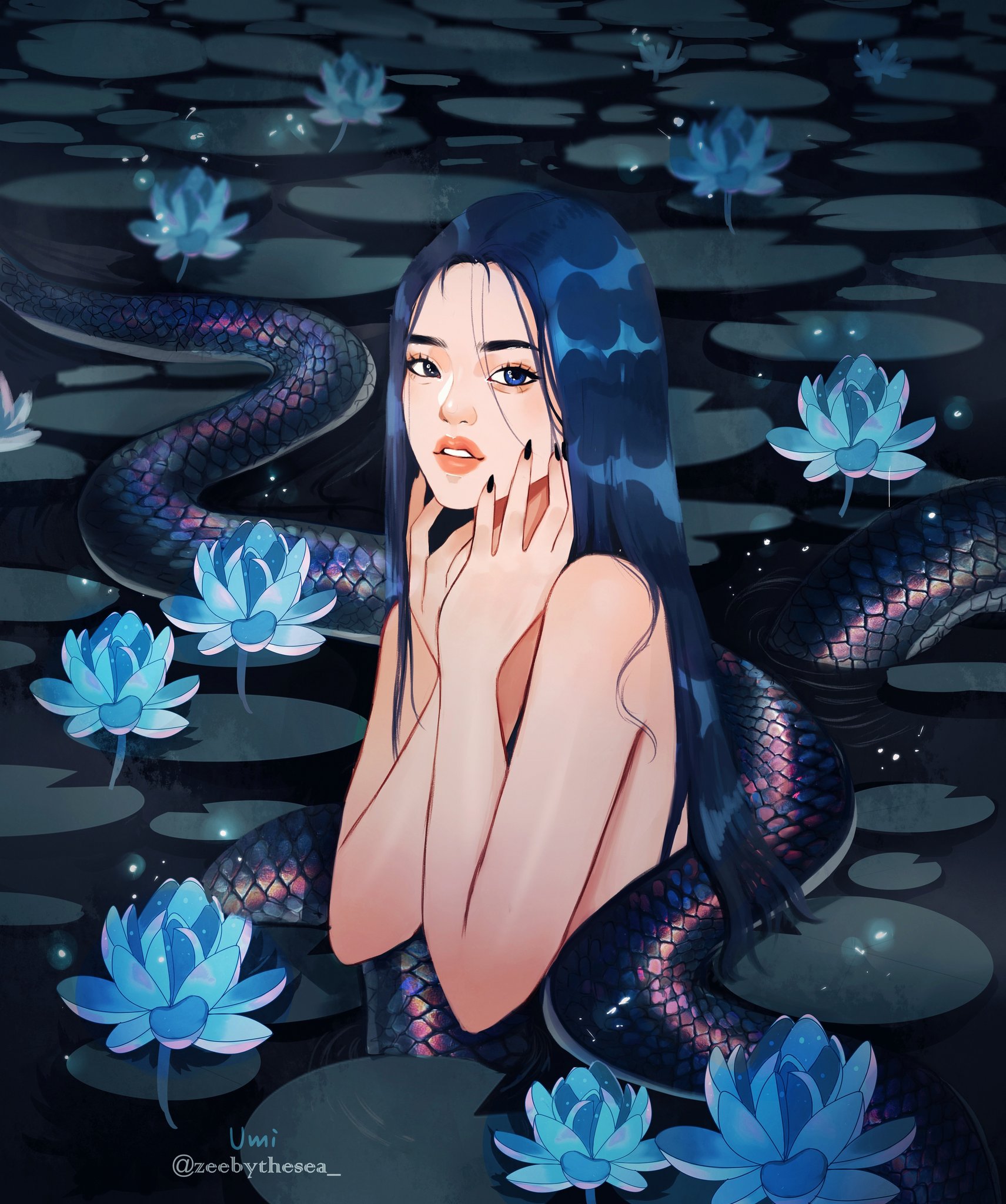 zeebythesea, umi (zeebythesea), original, highres, 1girl, aegyo sal, black nails, blue eyes, blue hair, completely nude, cowboy shot, flower, heterochromia, lake, long hair, looking at viewer, lotus, lotus leaf, nude, parted lips, snake, straight hair, thick eyebrows, thick lips, twitter username, water, wet, wet hair