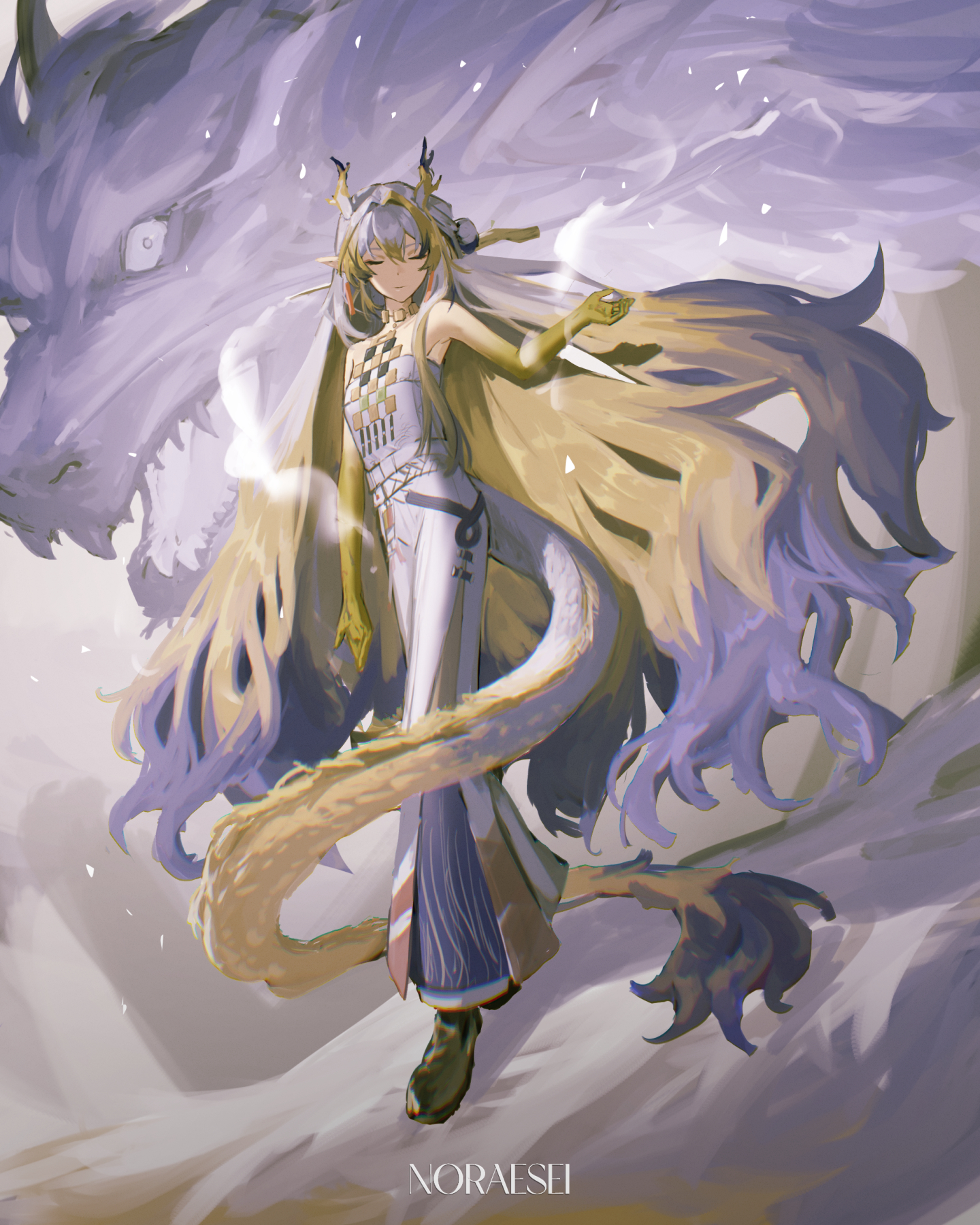 noraesei, shu (arknights), arknights, highres, 1girl, 1other, artist name, bead necklace, beads, blonde hair, closed eyes, closed mouth, collarbone, dragon girl, dragon horns, dragon tail, earrings, eastern dragon horns, eastern dragon tail, full body, hair ornament, hairpin, horns, jewelry, long hair, multicolored hair, necklace, pointy ears, sharp teeth, shirt, strapless, strapless shirt, tail, tassel, tassel earrings, teeth, tube top, very long hair, white hair, white shirt, white tube top