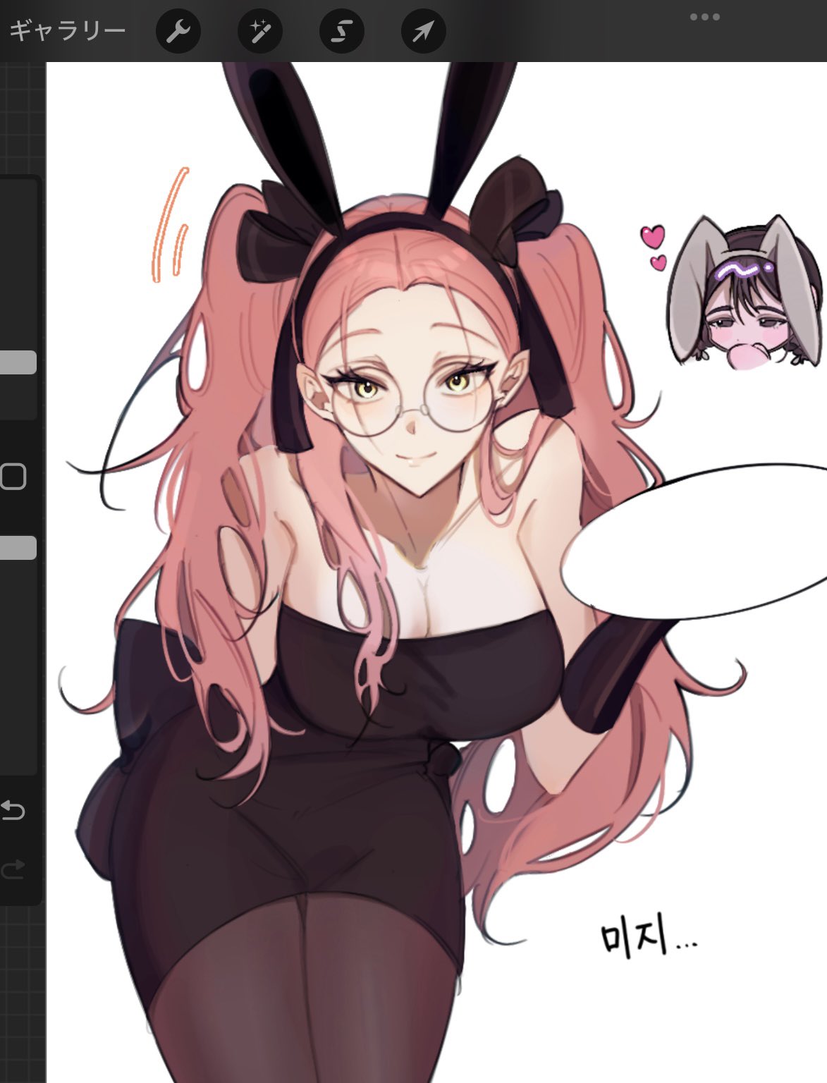mizi (alien stage), sua (alien stage), alien stage, commentary, hashtag-only commentary, highres, 2girls, art program in frame, bare shoulders, black dress, black gloves, black hair, black pantyhose, blank speech bubble, breasts, bulk cow, character name, dress, glasses, gloves, heart, korean text, large breasts, leaning forward, long hair, multiple girls, official alternate costume, pantyhose, pink hair, round eyewear, short dress, solo focus, speech bubble, strapless, strapless dress, two side up, very long hair, yellow eyes