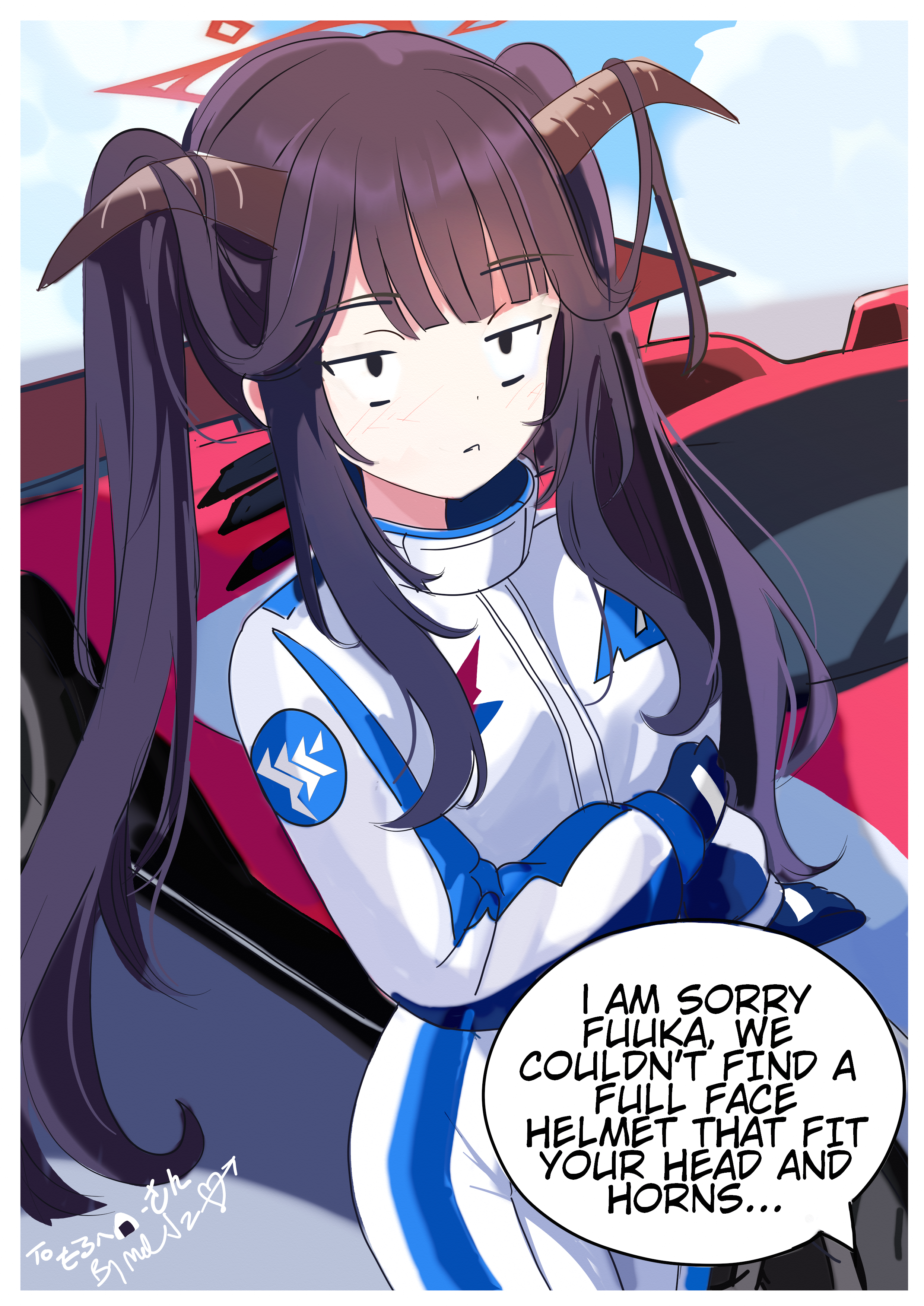 melissa v2, fuuka (blue archive), blue archive, absurdres, highres, 1girl, alternate costume, black hair, car, closed mouth, halo, jumpsuit, long hair, looking ahead, motor vehicle, racing suit, red halo, sidelocks, solo, twintails, white jumpsuit