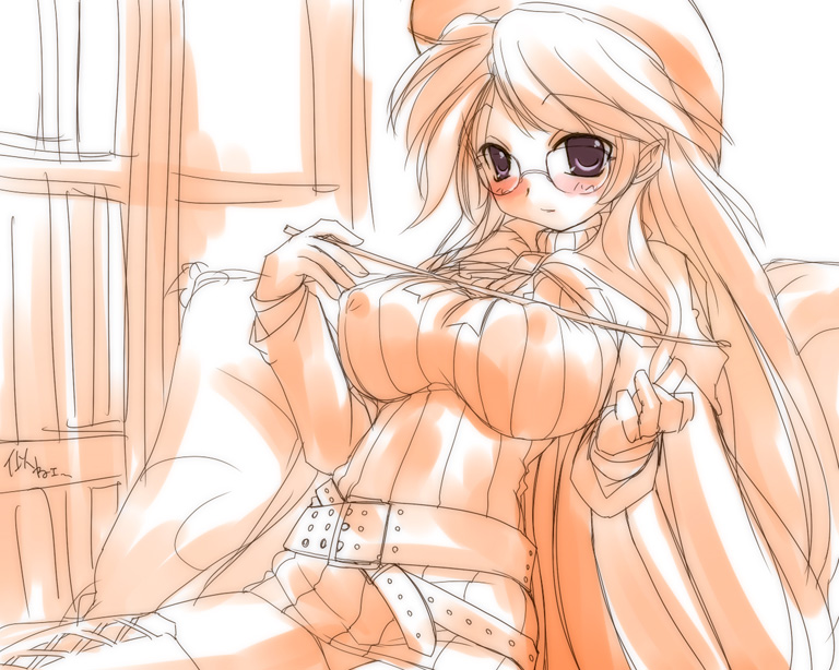 ga015, aty, aty (summon night), summon night, summon night 3, 1girl, belt, beret, blush, breasts, brooch, cape, covered erect nipples, dress, female focus, glasses, hat, huge breasts, jewelry, large breasts, long hair, panties, pointer, purple eyes, sitting, solo, thighhighs, underwear, zettai ryouiki