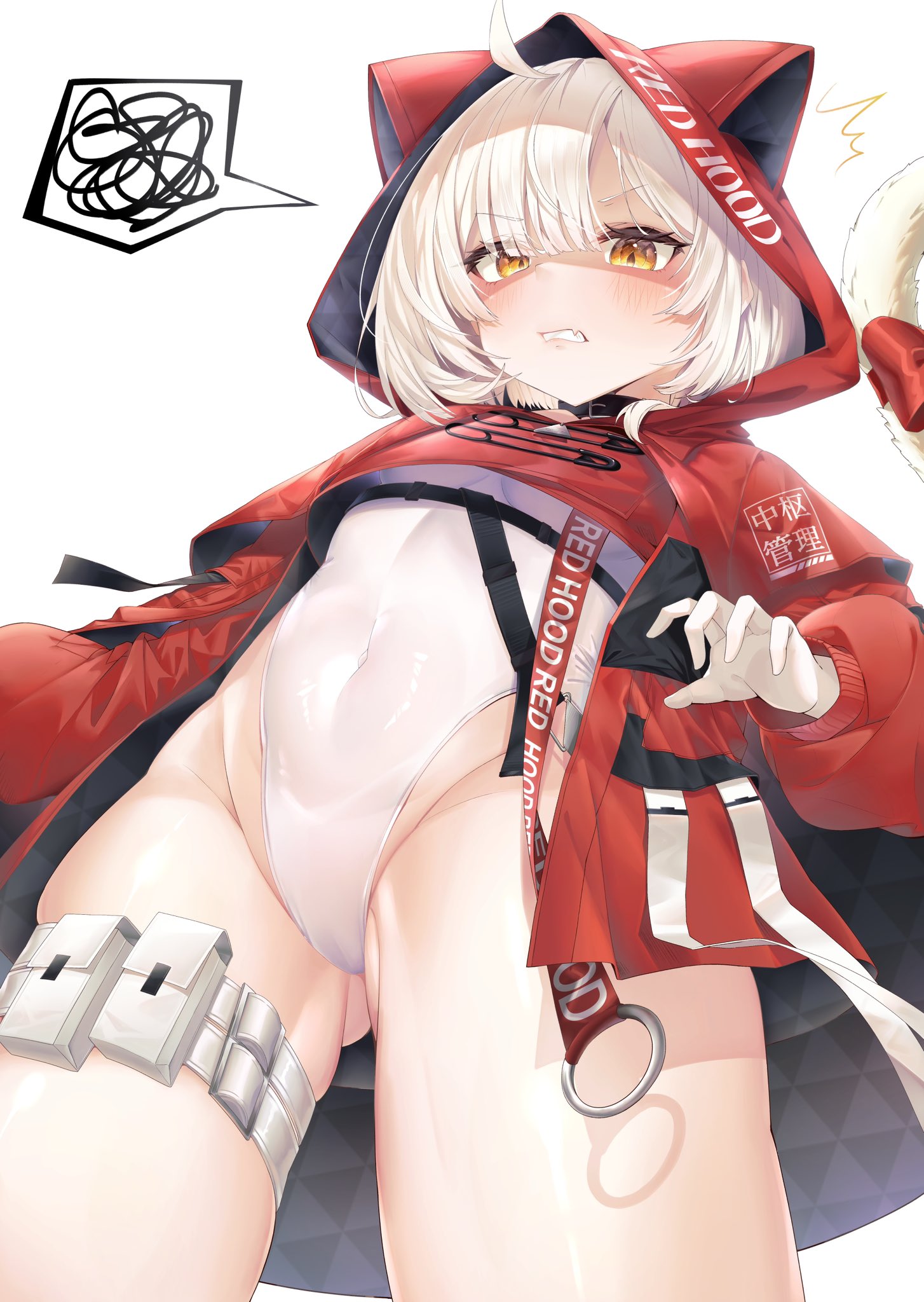 ryuusei gunsou, reverseblue x re-birthend, character request, highres, 1girl, animal ears, blush, bow, cat ears, cat girl, cat tail, clenched teeth, covered navel, disgust, from below, gloves, gluteal fold, highleg, highleg leotard, hood, hood up, jacket, leotard, looking at viewer, red jacket, short hair, simple background, solo, spoken squiggle, squiggle, tail, tail bow, tail ornament, teeth, thigh strap, white background, white gloves, white hair, white leotard, yellow eyes