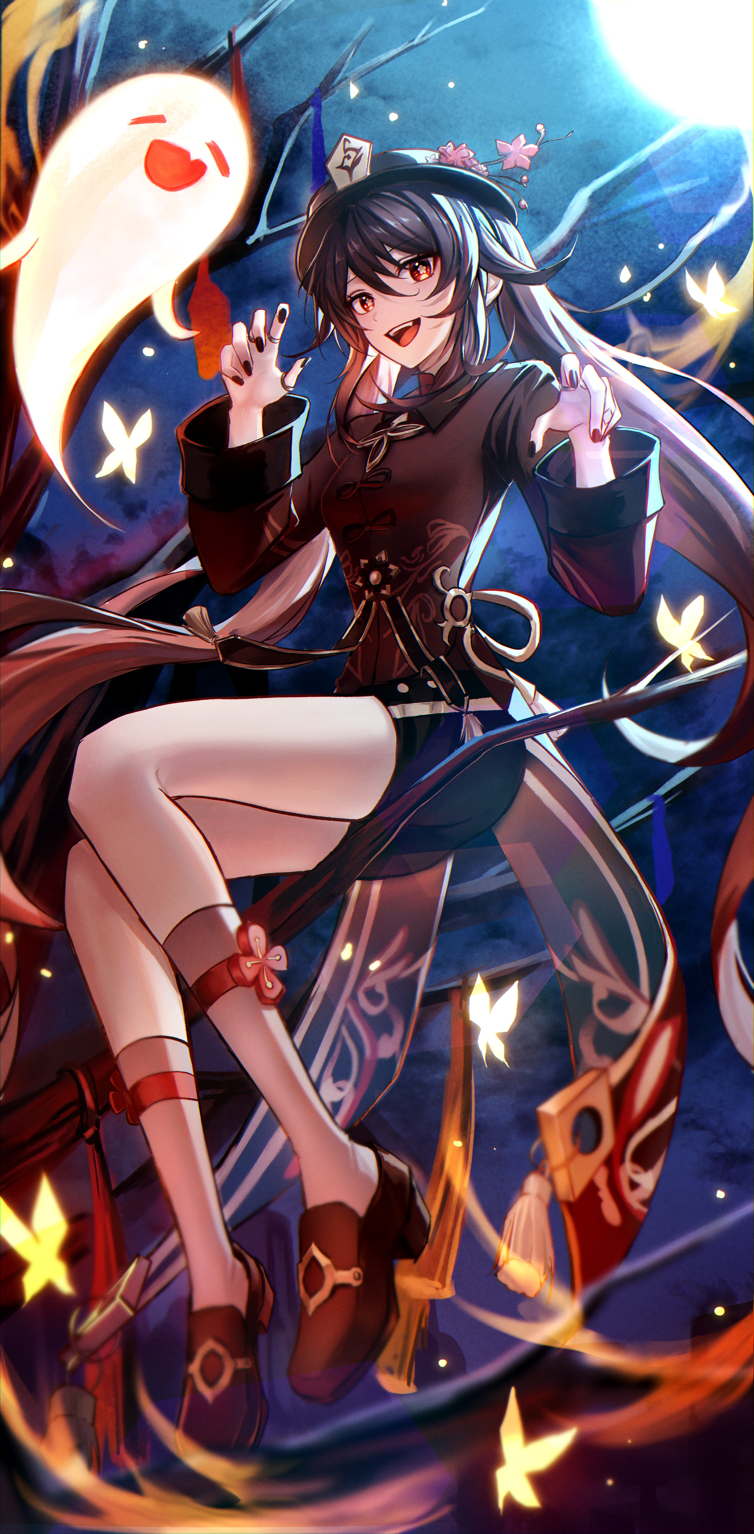pponnya, boo tao (genshin impact), hu tao (genshin impact), genshin impact, absurdres, commentary, highres, 1girl, :d, black hat, black nails, black shorts, brown hair, brown shirt, brown shoes, full body, hands up, hat, long hair, long sleeves, looking at viewer, moon, nail polish, night, open mouth, outdoors, red eyes, shirt, shoes, shorts, smile, socks, solo, white socks