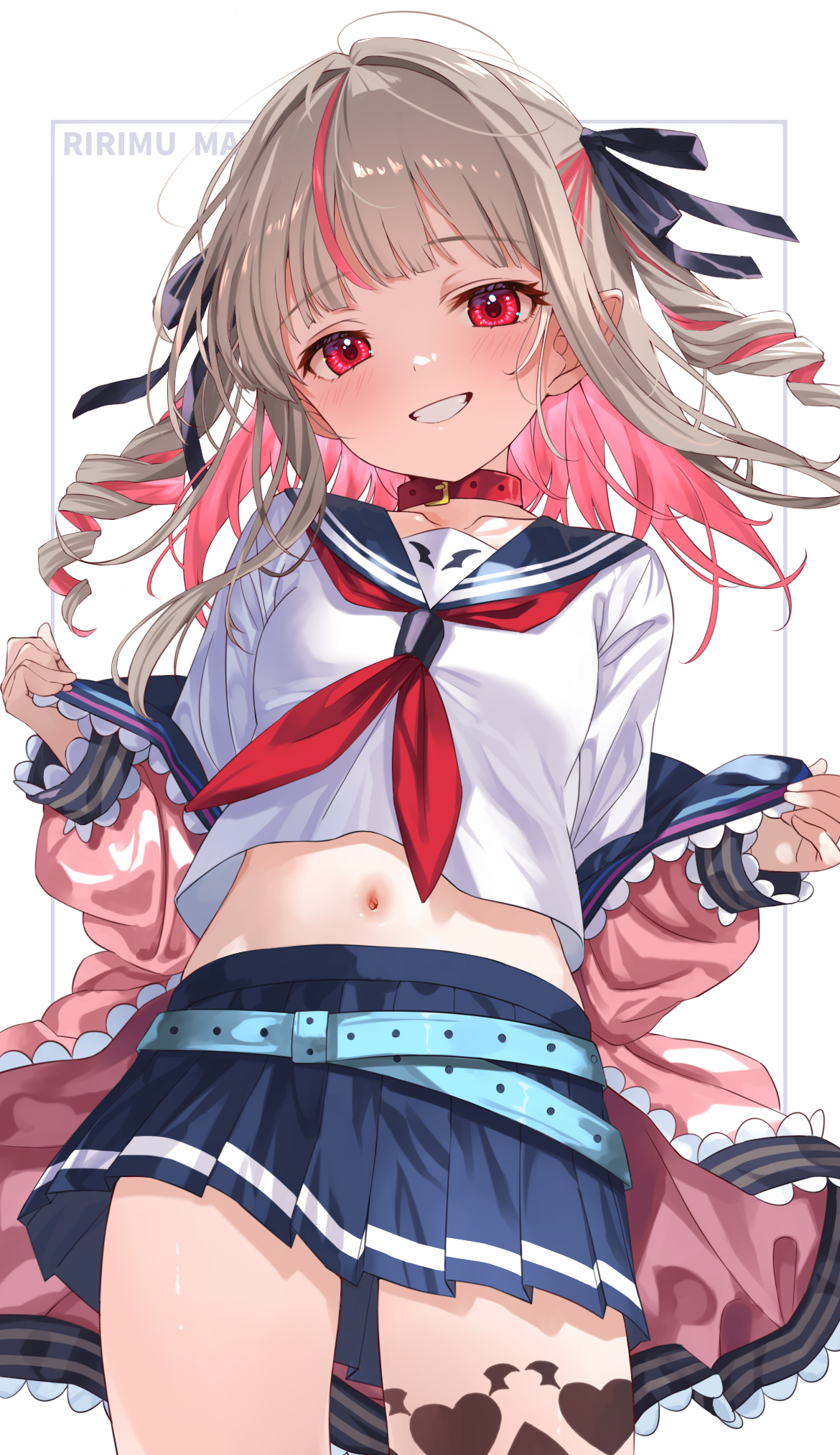 mamadasky, makaino ririmu, nijisanji, highres, 1girl, belt, black ribbon, blue belt, blue sailor collar, blue skirt, blush, collar, colored inner hair, drill hair, grey hair, jacket, long hair, looking at viewer, midriff, multicolored hair, navel, neckerchief, off shoulder, pink hair, pink jacket, red collar, red eyes, red neckerchief, ribbon, sailor collar, school uniform, serafuku, shirt, skirt, smile, solo, twin drills, two-tone hair, virtual youtuber, white shirt