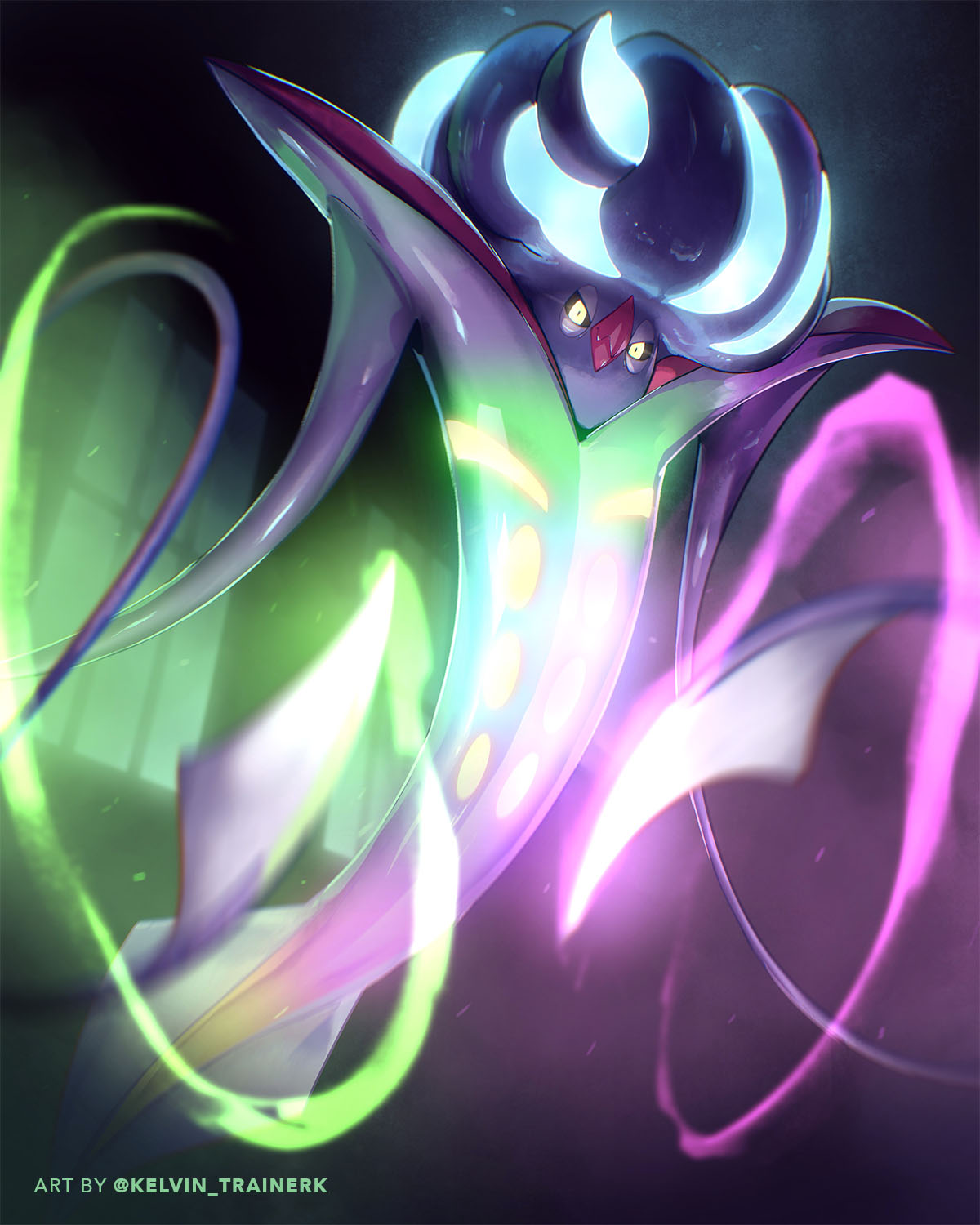 malamar, mega malamar, nintendo, pokemon, highres, black background, black sclera, colored sclera, dutch angle, full body, gen 6 pokemon, glowing, glowing eyes, kelvin trainerk, looking at viewer, mega pokemon, neon lights, no humans, open mouth, pokemon (creature), pokemon focus, ringed eyes, smile, solo, tentacles, twitter username, yellow eyes