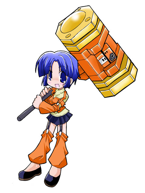 kusuha mizuha, banpresto, super robot wars, yuusha ou gaogaigar, yuusha series, 1990s (style), :d, blue hair, chibi, goldion hammer, hammer, looking at viewer, miniskirt, open mouth, oversized object, retro artstyle, short hair, simple background, skirt, smile, solo, white background