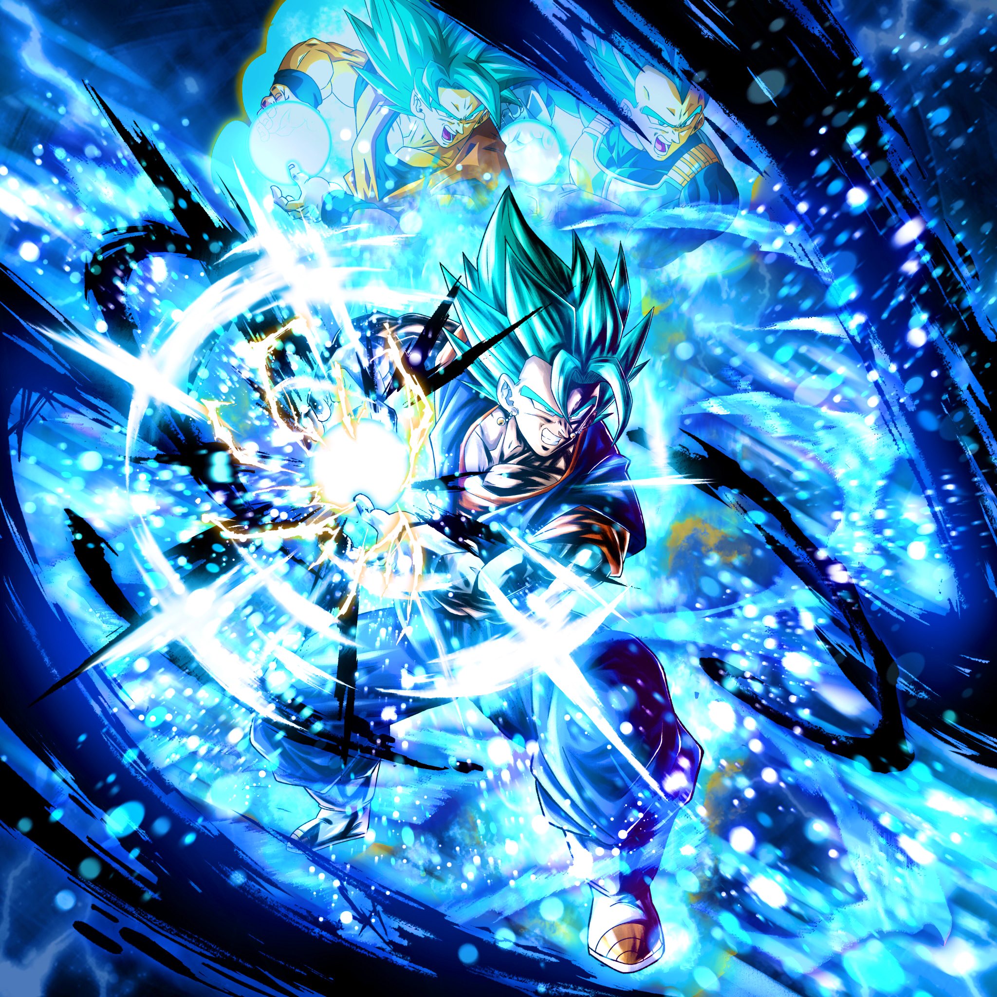 son goku, vegeta, vegetto, dragon ball, dragon ball super, highres, 3boys, blue aura, blue bodysuit, blue eyes, blue hair, blue pants, blue sash, blue shirt, bodysuit, boots, buuchan dbart, clenched teeth, electricity, final kamehameha, gloves, light particles, multiple boys, muscular, muscular male, open mouth, orange shirt, pants, saiyan armor, sash, shirt, super saiyan, super saiyan blue, teeth, white boots, white gloves