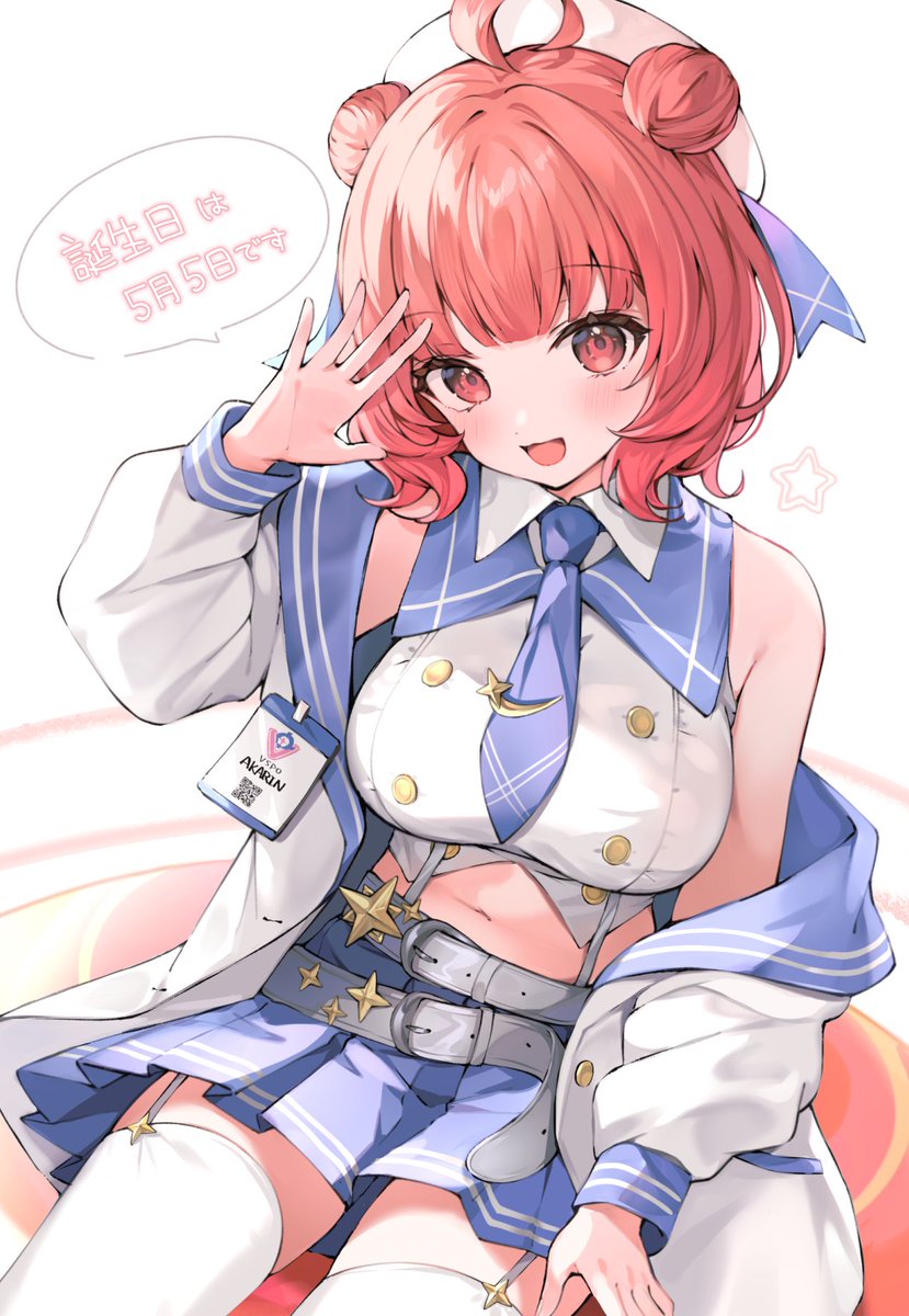 nomo (no mo), yumeno akari, vspo!, commentary, highres, translation request, 1girl, ahoge, belt, beret, blue skirt, blush, breasts, double bun, hair bun, hat, jacket, looking at viewer, navel, off shoulder, open clothes, open jacket, open mouth, pink eyes, pink hair, skirt, sleeveless, solo, speech bubble, star (symbol), thighhighs, virtual youtuber, white hat, white thighhighs