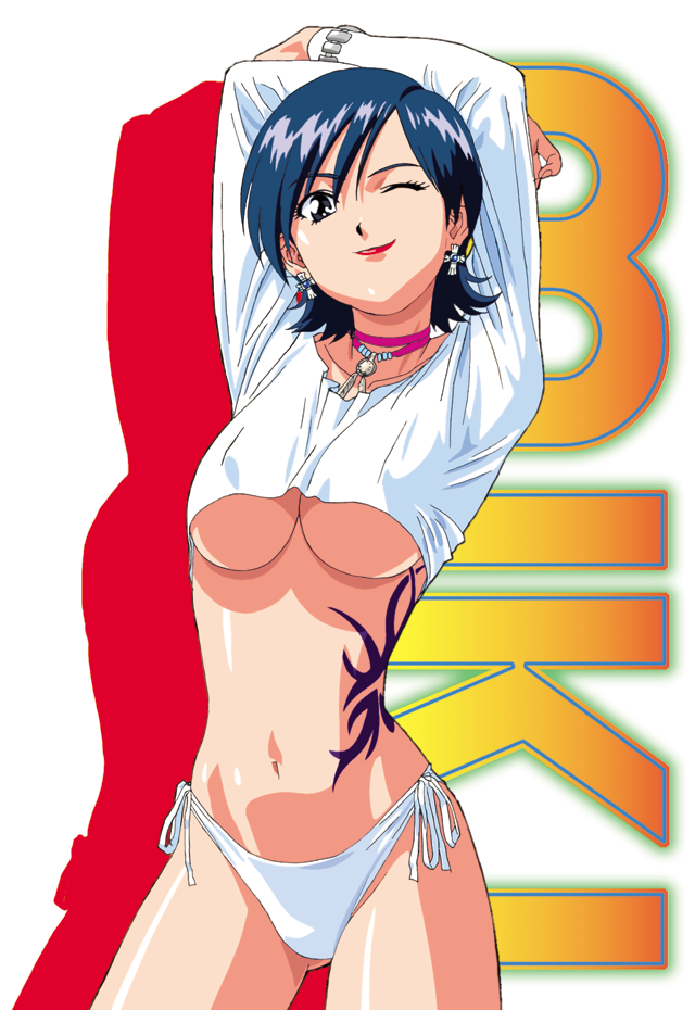 katsura ken'ichirou, miki (viper), viper (series), viper ctr, viper v10, official art, 1girl, arms up, blue hair, bracelet, breasts, cowboy shot, earrings, female focus, jewelry, large breasts, lipstick, makeup, midriff, navel, necklace, no bra, one eye closed, panties, short hair, side-tie panties, smile, solo, stretching, tattoo, underboob, underwear, white panties, wink