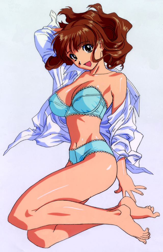 katsura ken'ichirou, asuka (viper), viper (series), viper ctr, viper v10, 1990s (style), 1girl, barefoot, black eyes, blue panties, bra, breasts, brown hair, cleavage, dress shirt, feet, female focus, large breasts, lingerie, lying, on side, open clothes, open shirt, panties, retro artstyle, shirt, solo, strapless, strapless bra, toe scrunch, toes, underwear