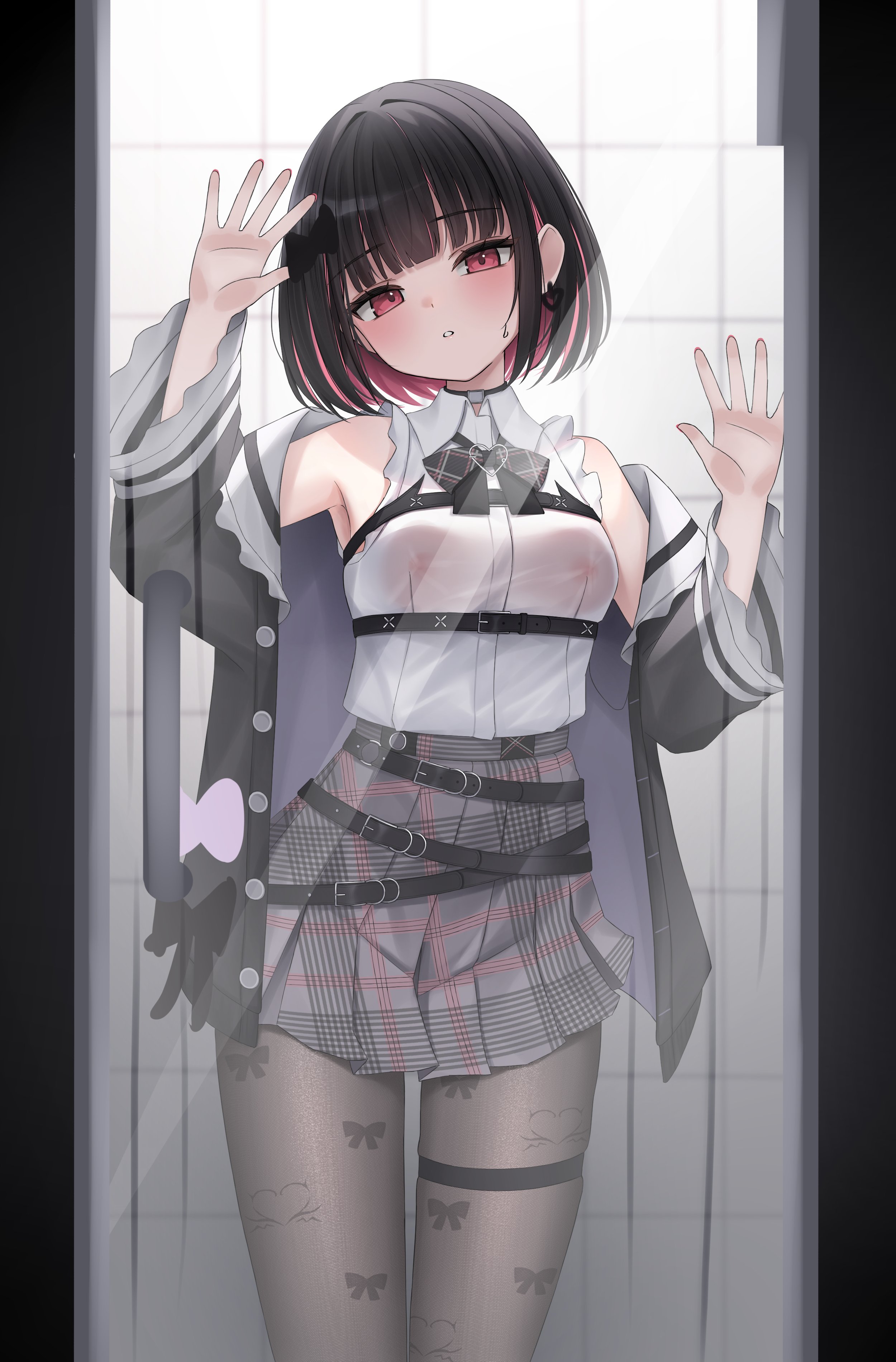 twinn 22, rikotan (vtuber), indie virtual youtuber, absurdres, highres, 1girl, against glass, animal ears, belt, black belt, black hair, black jacket, blush, bow, bowtie, breasts, cat ears, collared shirt, colored inner hair, covered erect nipples, grey skirt, jacket, jewelry, looking at viewer, multicolored hair, pantyhose, pink hair, plaid bow, plaid bowtie, plaid clothes, plaid skirt, red eyes, see-through clothes, shirt, short hair, skirt, sleeveless, sleeveless shirt, solo, two-tone hair, white shirt