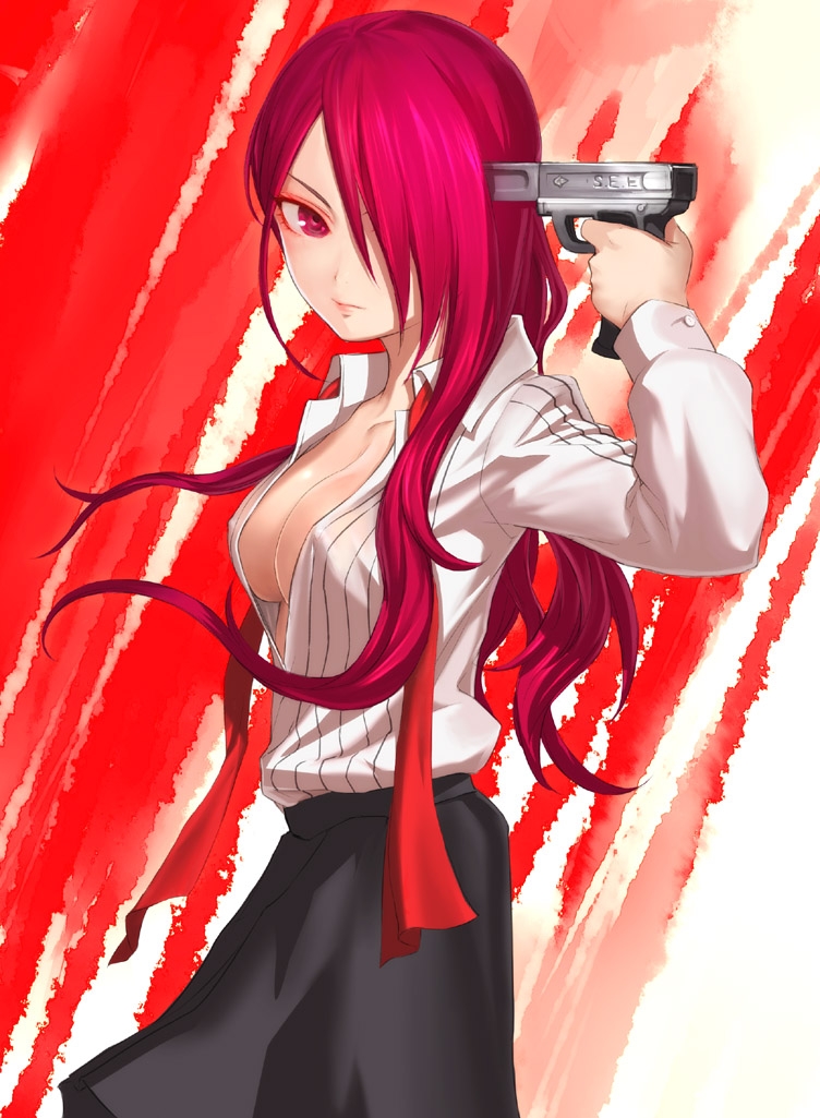 uni (plastic girl), kirijou mitsuru, atlus, persona, persona 3, 1girl, breasts, cleavage, evoker, female focus, gun, gun to head, hair over one eye, holding, holding gun, holding weapon, medium breasts, open clothes, open shirt, shirt, solo, weapon