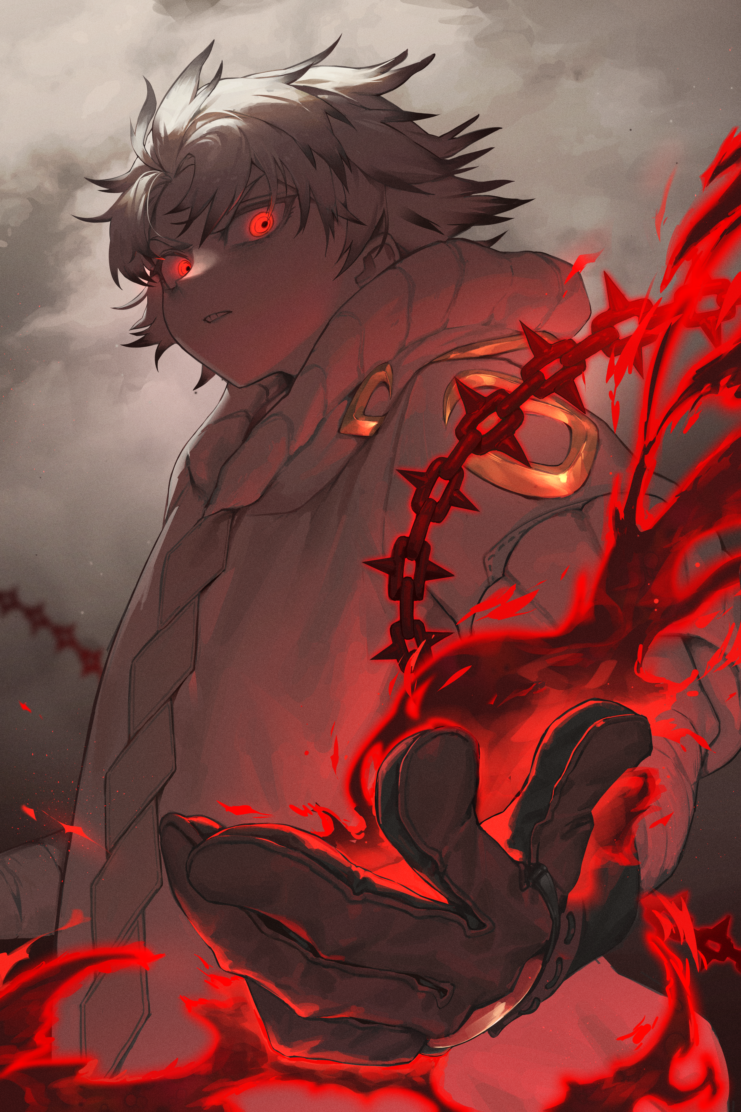 2bmm2, rudo surebrec, gachiakuta, absurdres, highres, 1boy, black gloves, black hair, chain, coat, from below, gloves, glowing, glowing eyes, looking at viewer, male focus, messy hair, multicolored hair, parted lips, smoke, solo, streaked hair, upper body, white coat, white hair, wide-eyed