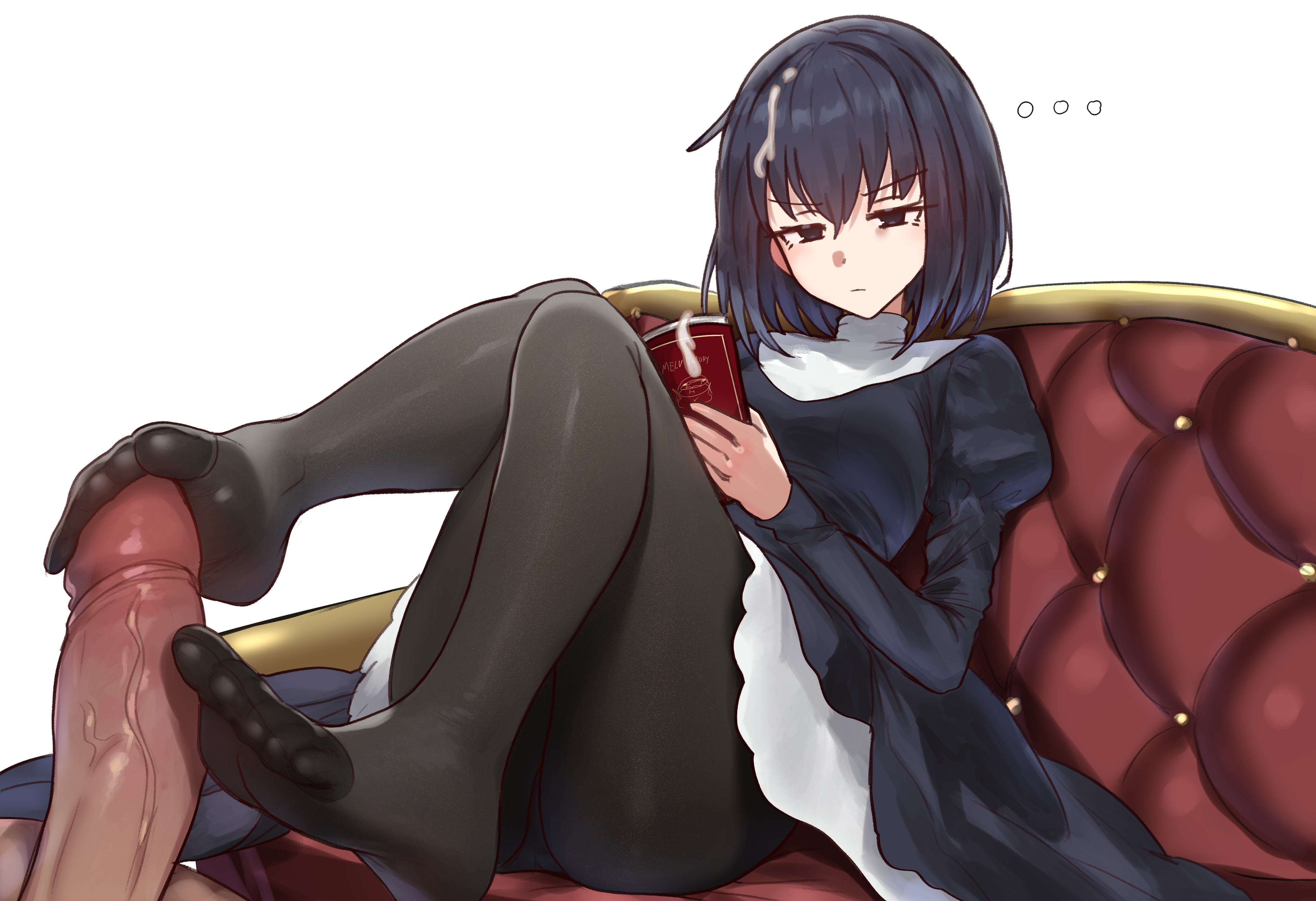 ebora, kuonji alice, fate/grand order, fate (series), mahou tsukai no yoru, absurdres, bad link, highres, 1boy, 1girl, black eyes, black hair, book, feet, footjob, footjob with legwear, fur hat, hat, hetero, multitasking, pantyhose, penis, reien girl's academy school uniform, school uniform, short hair, two-footed footjob, uncensored, white background