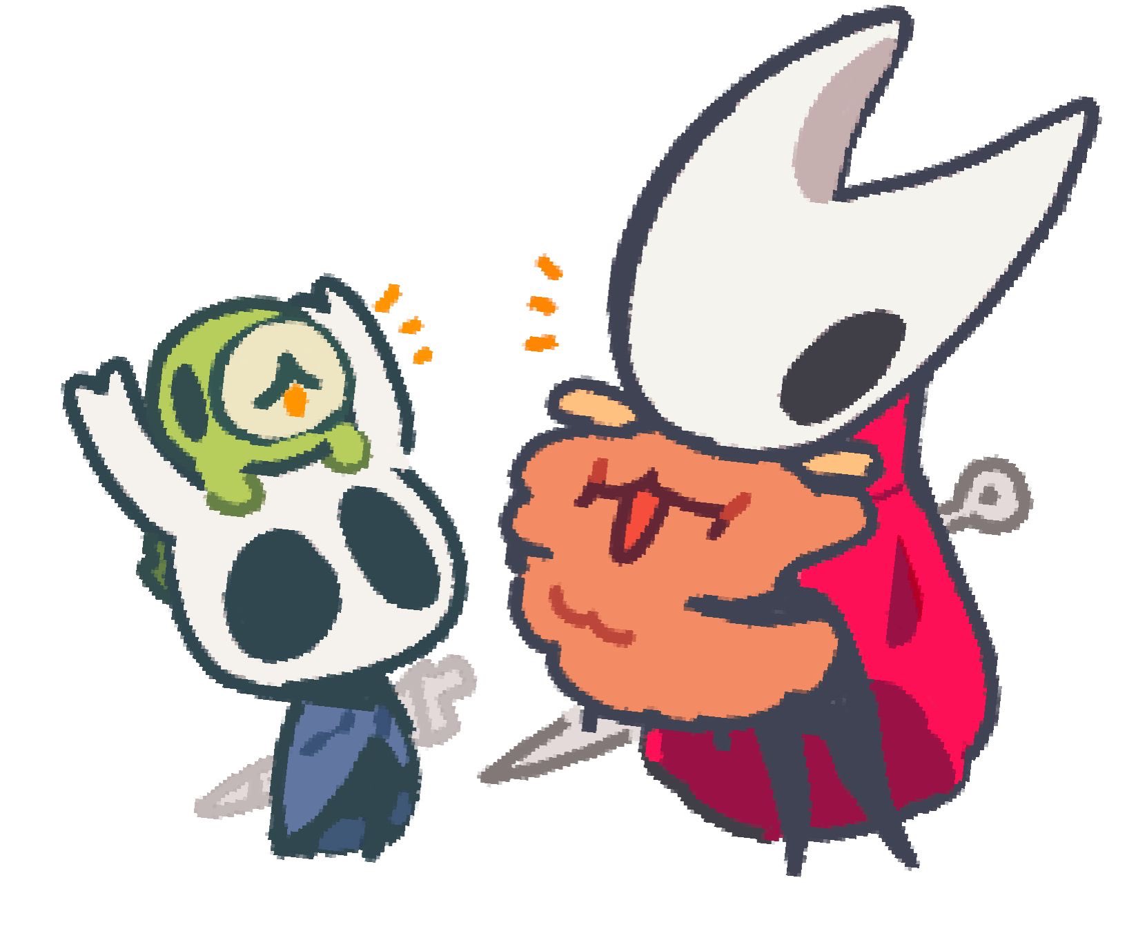 ache13337003, grub (hollow knight), hornet (hollow knight), knight (hollow knight), hollow knight, hollow knight: silksong, highres, 1girl, 1other, black skin, blue cloak, chibi, cloak, colored skin, flea (hollow knight), hollow eyes, horned mask, mask, nail (hollow knight), needle (hollow knight), red cloak, simple background, standing, white background, white mask