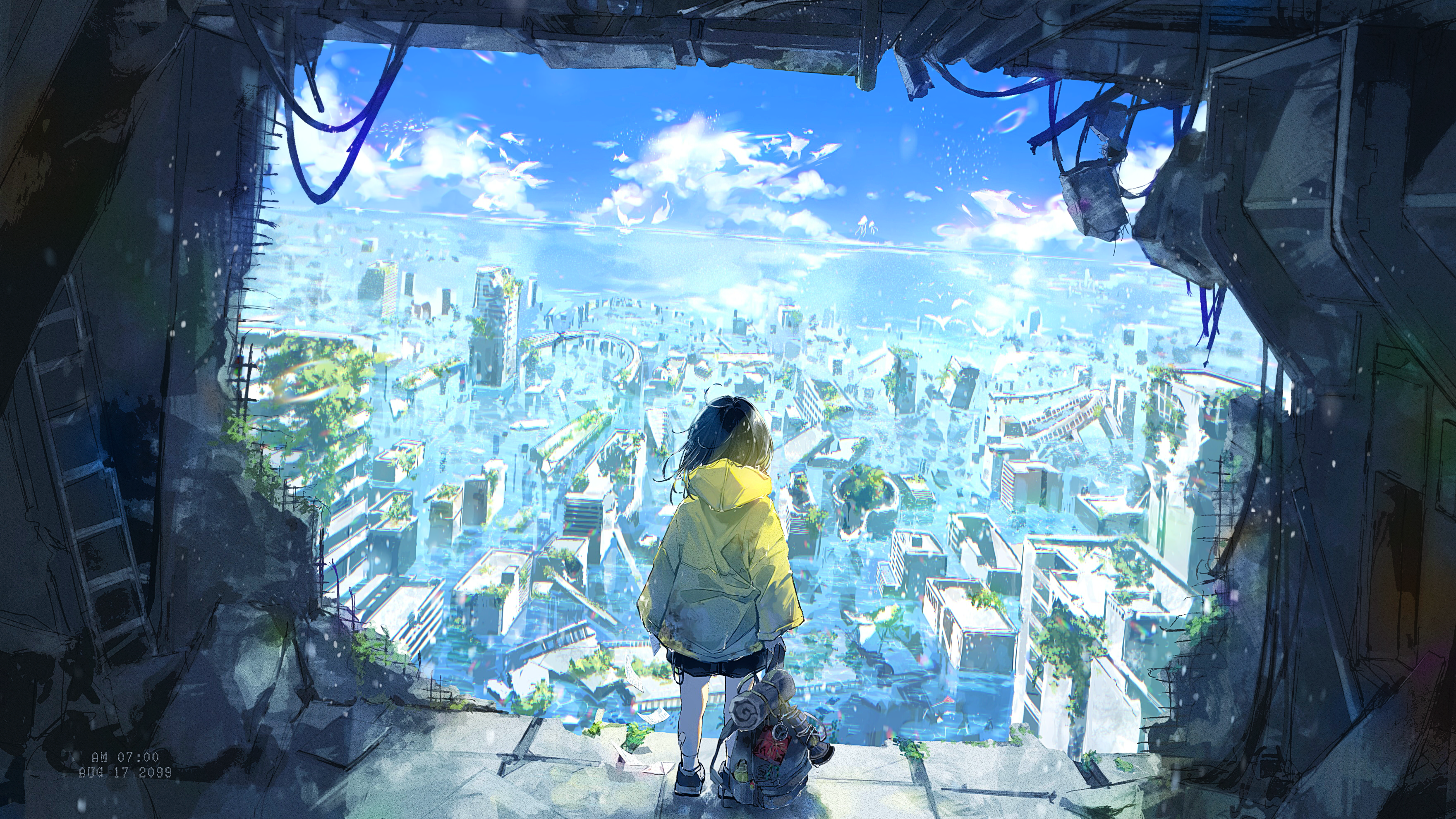 hokucha, original, absurdres, highres, 1girl, backpack, bag, bird, black hair, black shorts, blue sky, building, city, cityscape, cloud, day, facing away, from behind, holding, hood, hood down, jacket, long sleeves, moss, outdoors, overgrown, plant, post-apocalypse, ruins, scenery, short hair, shorts, sky, skyscraper, solo, standing, wide shot, yellow jacket