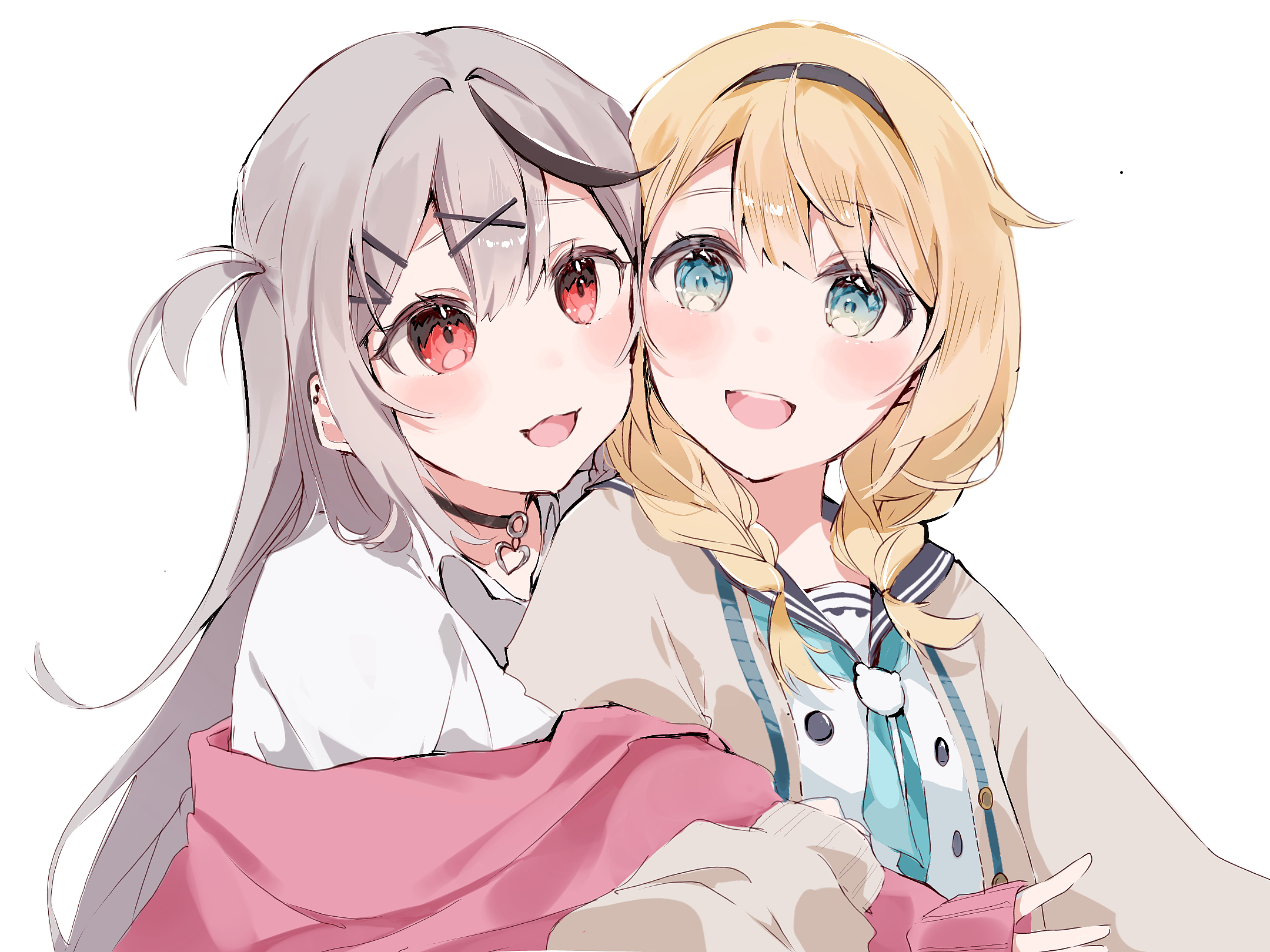 hokucha, kazama iroha, sakamata chloe, hololive, highres, 2girls, :d, black hair, blonde hair, blue eyes, blush, braid, choker, grey hair, hair ornament, hairband, hug, long hair, multicolored hair, multiple girls, open mouth, red eyes, sailor collar, shirt, simple background, smile, streaked hair, twin braids, upper body, virtual youtuber, white background, white shirt, x hair ornament