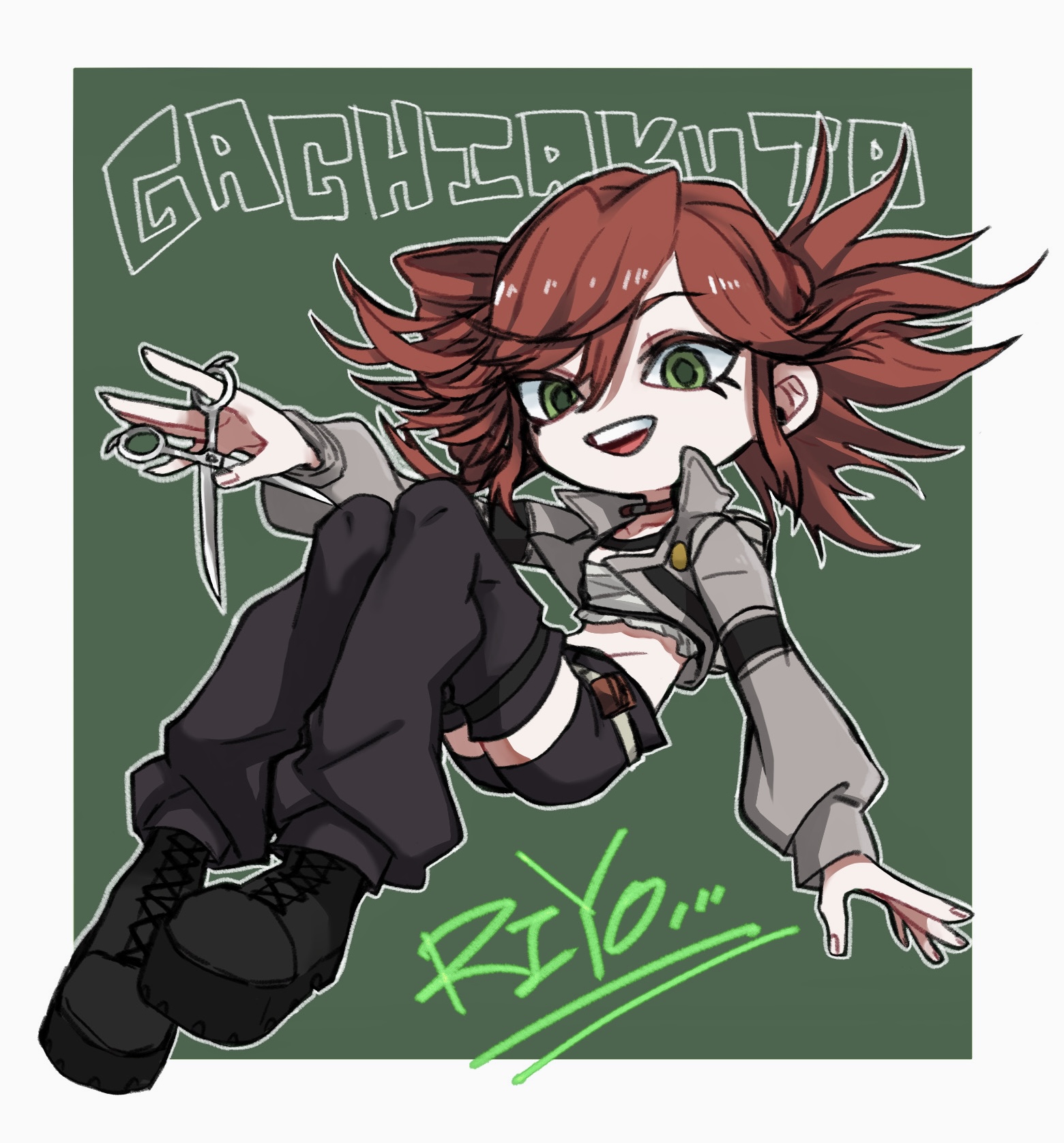yuuma005, riyo reaper, gachiakuta, highres, 1girl, black boots, black leg warmers, black shorts, boots, crop top, folded ponytail, full body, green background, green eyes, grey jacket, holding, holding scissors, jacket, knees up, leg warmers, long hair, open mouth, red hair, scissors, shirt, shorts, simple background, smile, solo, white shirt