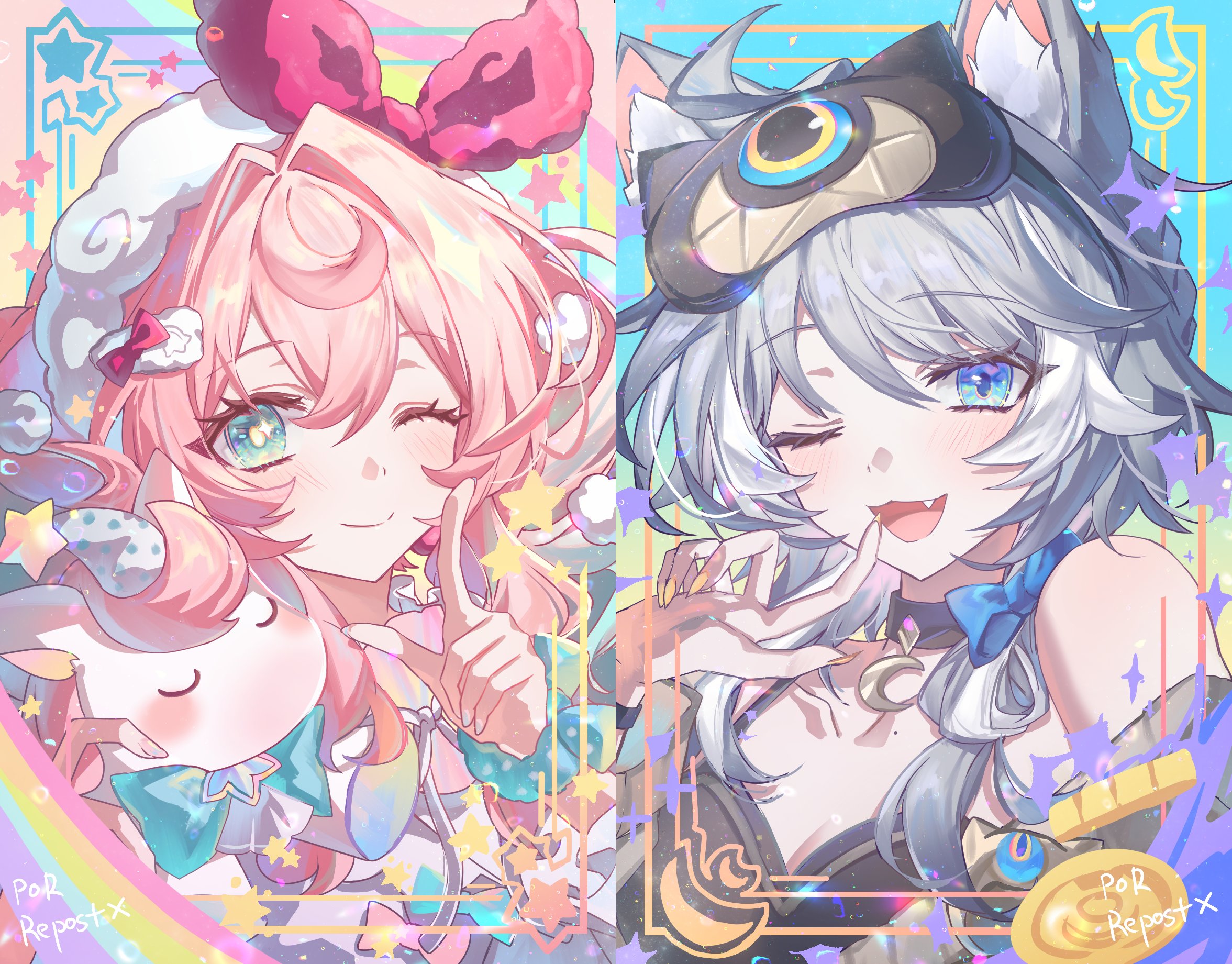 por ( por tt), cipher (honkai: star rail), cyrene (honkai: star rail), honkai: star rail, honkai (series), highres, 2girls, animal ears, bare shoulders, black choker, blue eyes, blush, bow, breasts, cat ears, cat girl, choker, cleavage, closed mouth, crescent, eye mask, fang, grey hair, hair bow, hand up, index finger raised, long hair, looking at viewer, mask, mask on head, multiple girls, one eye closed, open mouth, pink bow, pink hair, red bow, sleep mask, smile, star (symbol), virtual youtuber, yellow nails