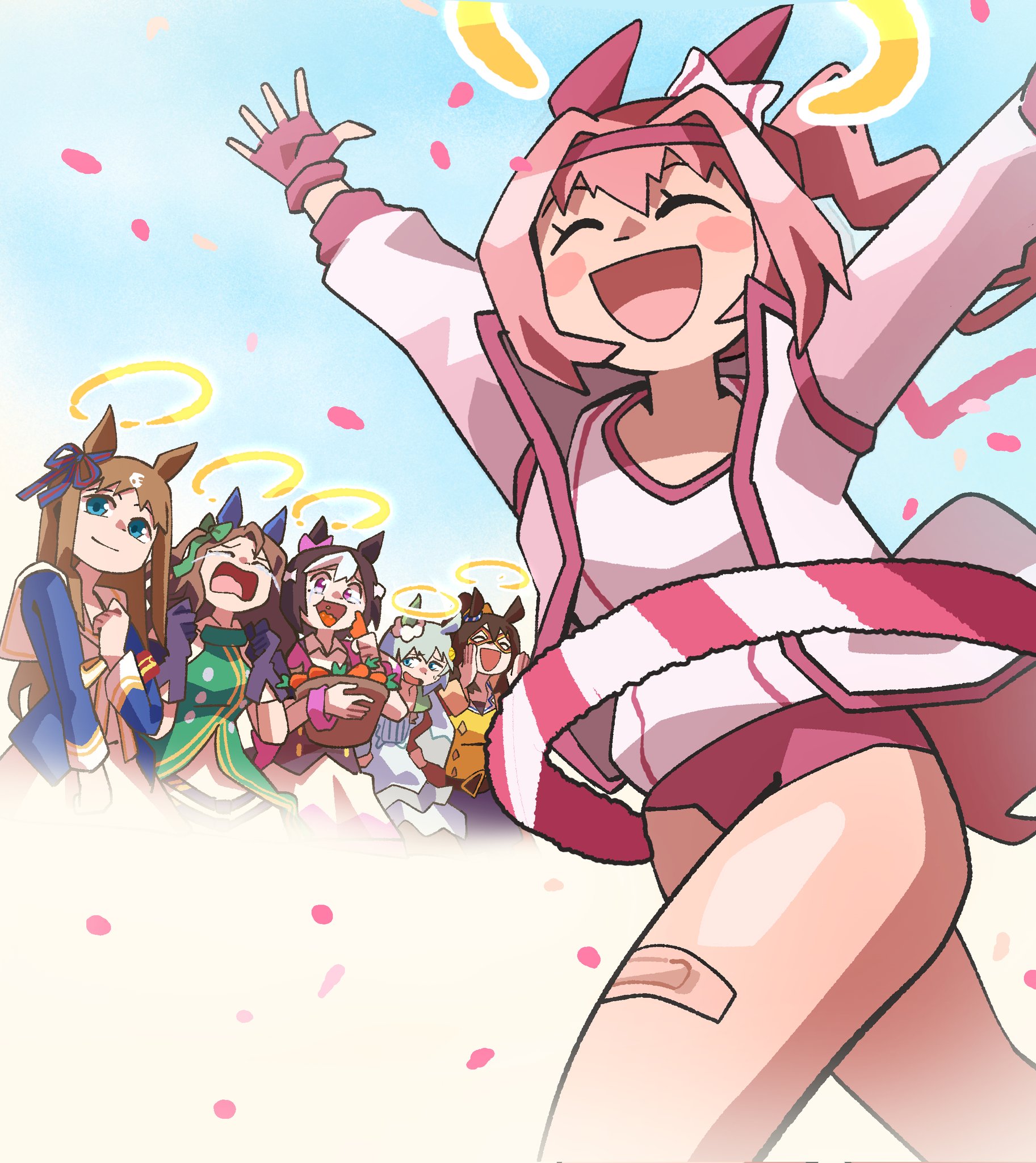 notus 49, el condor pasa (umamusume), grass wonder (umamusume), haru urara (umamusume), king halo (umamusume), seiun sky (umamusume), special week (umamusume), umamusume, highres, 6+girls, animal ears, armband, bandaid, bandaid on leg, basket, black gloves, blue eyes, blue jacket, blush, bow, brown hair, buruma, carrot, cheering, closed eyes, closed mouth, cropped jacket, crying, domino mask, dress, ear bow, ear covers, ear ornament, ear ribbon, eating, el condor pasa (el numero 1) (umamusume), fingerless gloves, finish line, flower, gloves, golden generation (umamusume), grass wonder (stone-piercing blue) (umamusume), green bow, green dress, grey hair, hair between eyes, hair bow, hair flower, hair ornament, hairband, hairclip, halo, haru urara (bestest prize) (umamusume), headband, holding, holding basket, horse ears, horse girl, jacket, king halo (king of emeralds) (umamusume), long hair, long sleeves, mask, multicolored hair, multiple girls, open mouth, petals, pink buruma, pink hair, pink headband, ponytail, purple eyes, red armband, red buruma, red gloves, red headband, red jacket, sailor collar, seiun sky (reeling in the big one) (umamusume), shirt, short hair, short sleeves, single ear cover, skirt, smile, special week (special dreamer) (umamusume), sunflower, sunflower hair ornament, tears, two-tone hair, vest, white dress, white hair, white jacket, white sailor collar, white shirt, white skirt, yellow shirt