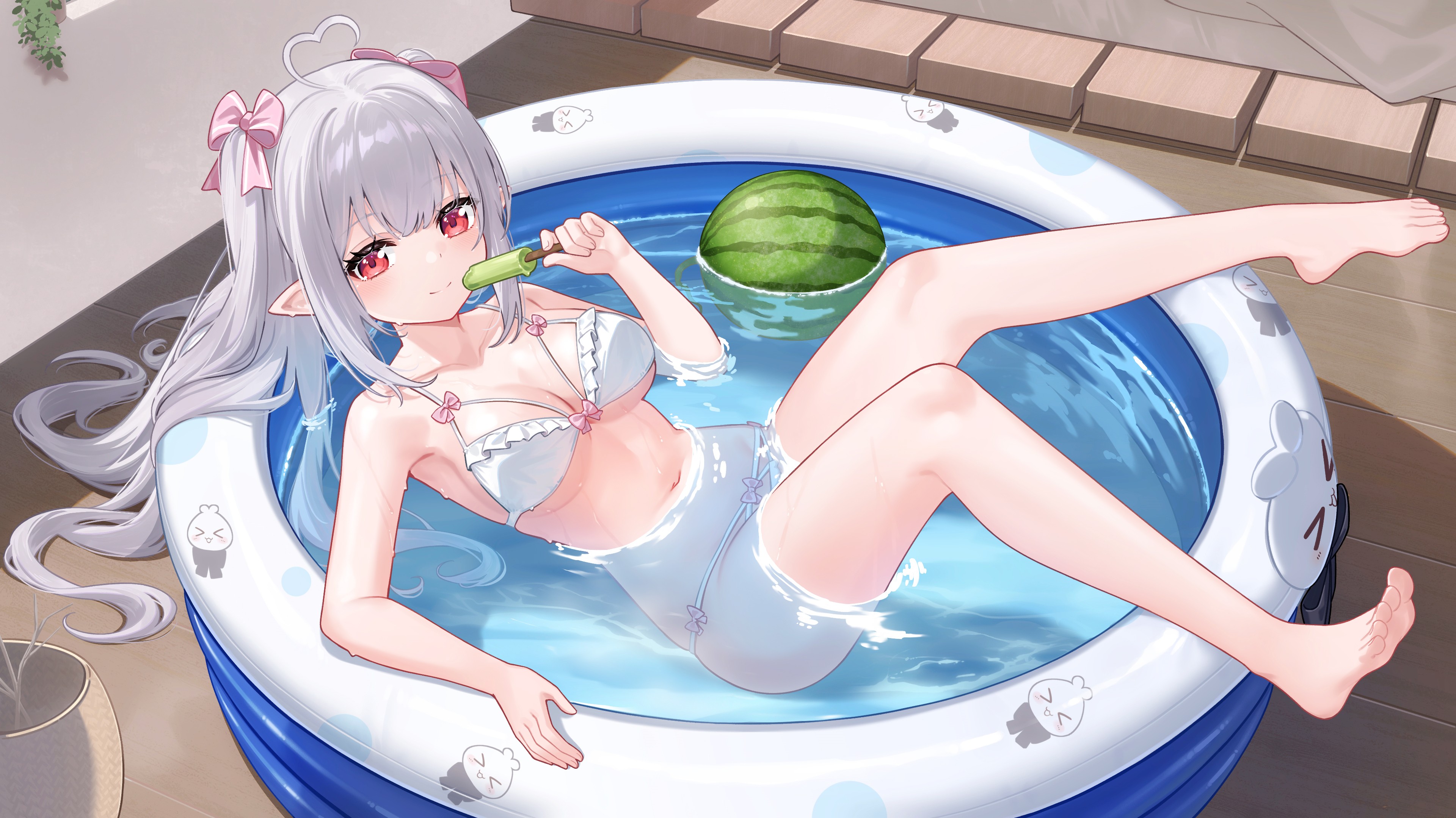 niliu chahui, a simple life with my unobtrusive sister, absurdres, commentary request, highres, 1girl, ahoge, barefoot, bikini, breasts, food, large breasts, long hair, looking at viewer, navel, pointy ears, popsicle, red eyes, solo, swimsuit, white bikini