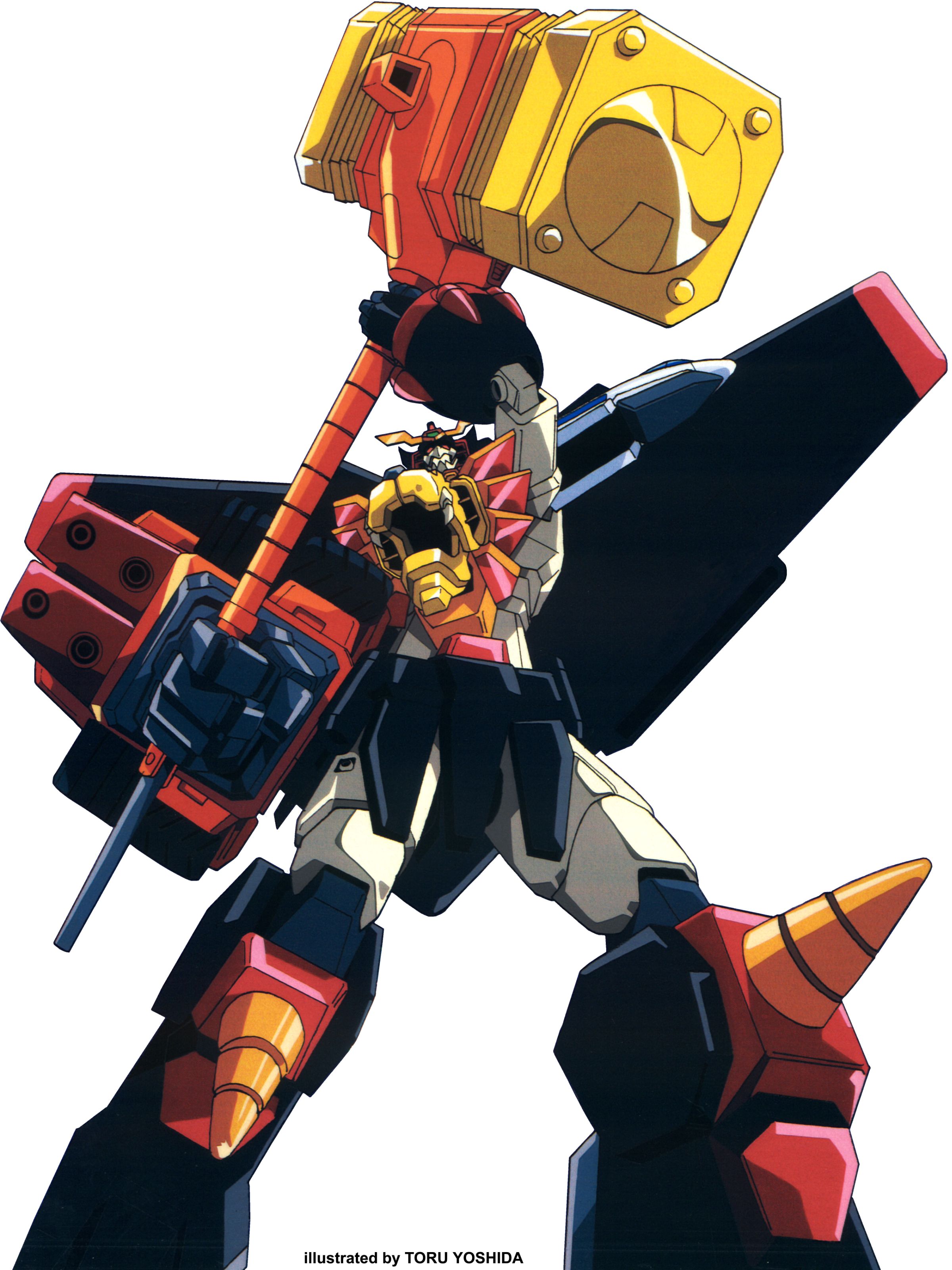 yoshida tooru, gaogaigar, goldymarg, yuusha ou gaogaigar, yuusha series, absurdres, highres, 1990s (style), artist name, goldion hammer, huge weapon, mallet, mecha, no humans, retro artstyle, robot, simple background, weapon, white background