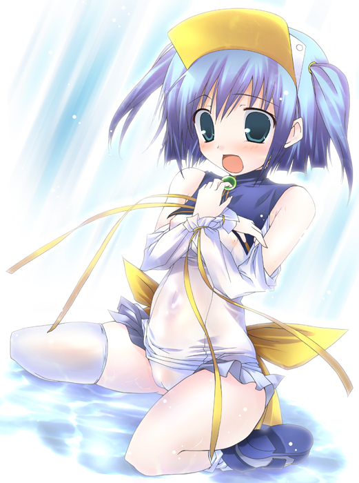 tororo (toriaezu), nijihara ink, pastel ink, moetan, visor, 00s, 1girl, asymmetrical clothes, blue eyes, blue hair, cameltoe, covered navel, detached sleeves, dutch angle, female focus, flat chest, matching hair/eyes, navel, nipples, one-piece swimsuit, open mouth, school swimsuit, seiza, single thighhigh, sitting, solo, spread legs, swimsuit, thighhighs, visor cap, wet, wet clothes, white one-piece swimsuit, white school swimsuit