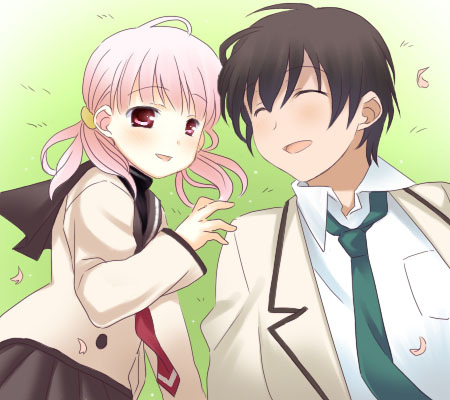 jimeko, kiriyama keigo, kiriyama sakura, sakura musubi, lowres, 1boy, 1girl, black hair, blush, closed eyes, grass, lying, necktie, on back, on side, pink hair, school uniform, serafuku, smile, twintails