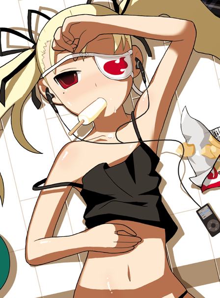 imaizumi teruhiko, original, black theme, blonde hair, camisole, digital media player, eyepatch, food, ipod, ipod nano, ipod nano 2g, lying, popsicle, red eyes, solo, twintails