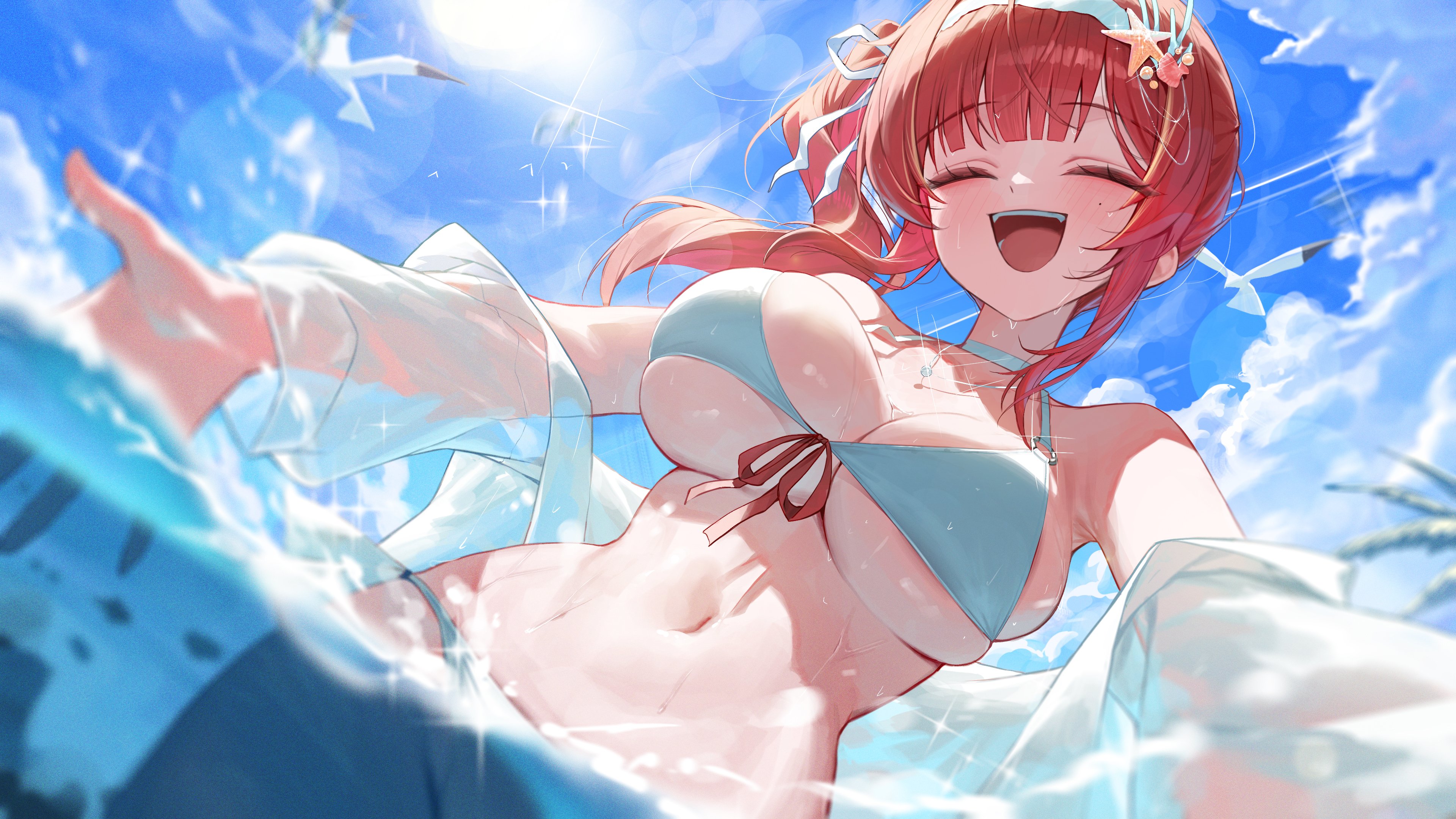 huhi (huhi 1211), akane lize, stellive, absurdres, commentary request, highres, korean commentary, 1girl, armpits, bare shoulders, bikini, blurry, breasts, choker, cleavage, closed eyes, cowboy shot, day, depth of field, dutch angle, facing viewer, front-tie bikini top, front-tie top, halterneck, jewelry, large breasts, lens flare, long hair, mole, mole on cheek, multicolored hair, navel, necklace, off shoulder, open clothes, open mouth, open shirt, outdoors, outstretched arms, partially submerged, red hair, see-through clothes, see-through shirt, shirt, side ponytail, skindentation, smile, solo, stomach, streaked hair, string bikini, sunlight, swimsuit, virtual youtuber, water, wet, white bikini, white choker, white shirt