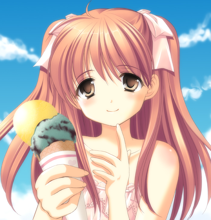 azuma yuki, original, 1girl, blue sky, collarbone, day, drinking, female focus, finger to mouth, food, hair ribbon, head tilt, holding, ice cream, looking at viewer, pink ribbon, ribbon, sky, smile, solo, summer, twintails, upper body