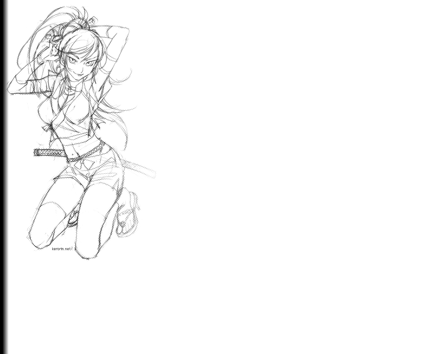 kerorin, suzu (shinobi hanafuda), original, shinobi hanafuda, shinobi hanafuda 2 hyakka soumei, highres, 1girl, female focus, greyscale, high heels, katana, long hair, monochrome, ninja, ponytail, sandals, sketch, solo, sword, transparent background, very long hair, weapon