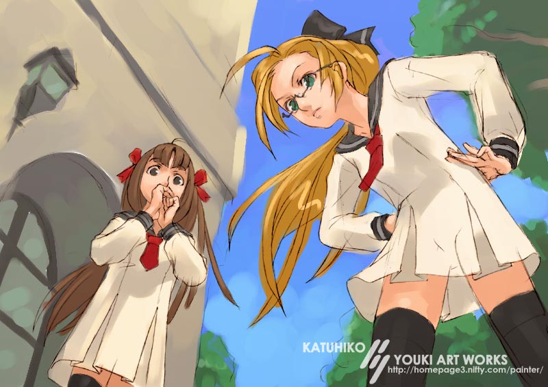 youki katsuhiko, yuuki katsuhiko, 2girls, glasses, multiple girls, school uniform, serafuku, thighhighs, zettai ryouiki